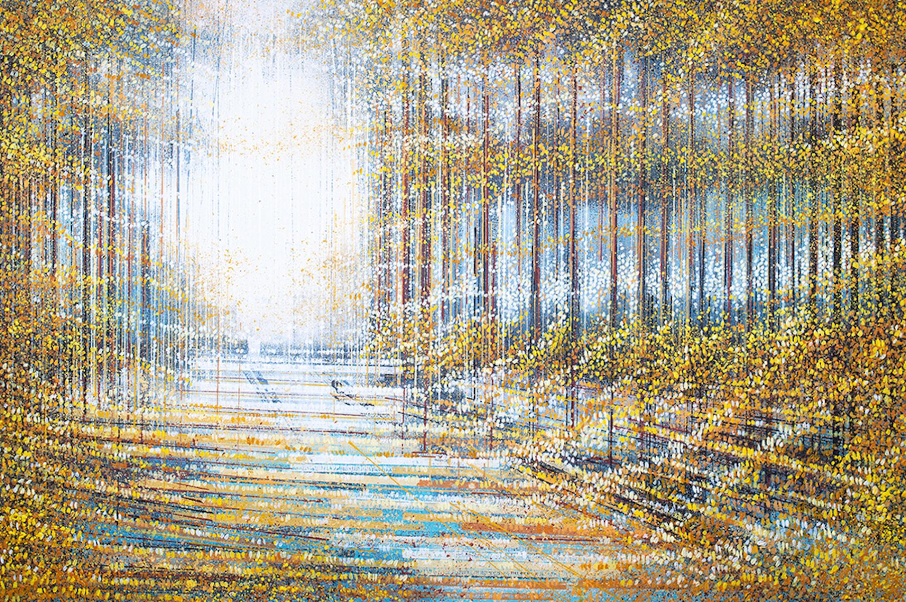 Autumn Trees, Contemporary Pointillist Landscape Park Art, Bright Light Tree Art For Sale 1