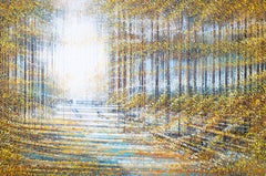 Trees d'automne, Paysage contemporain pointilliste, Art des parcs, Art des arbres lumineux