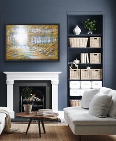 Alberi d'autunno, arte contemporanea puntinista del paesaggio del parco, arte dell'albero luminoso