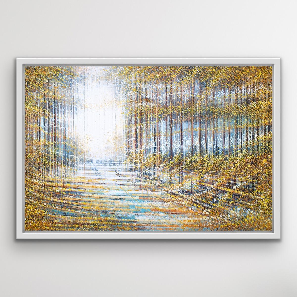 Autumn Trees, Contemporary Pointillist Landscape Park Art, Bright Light Tree Art - Brown Landscape Painting by Marc Todd