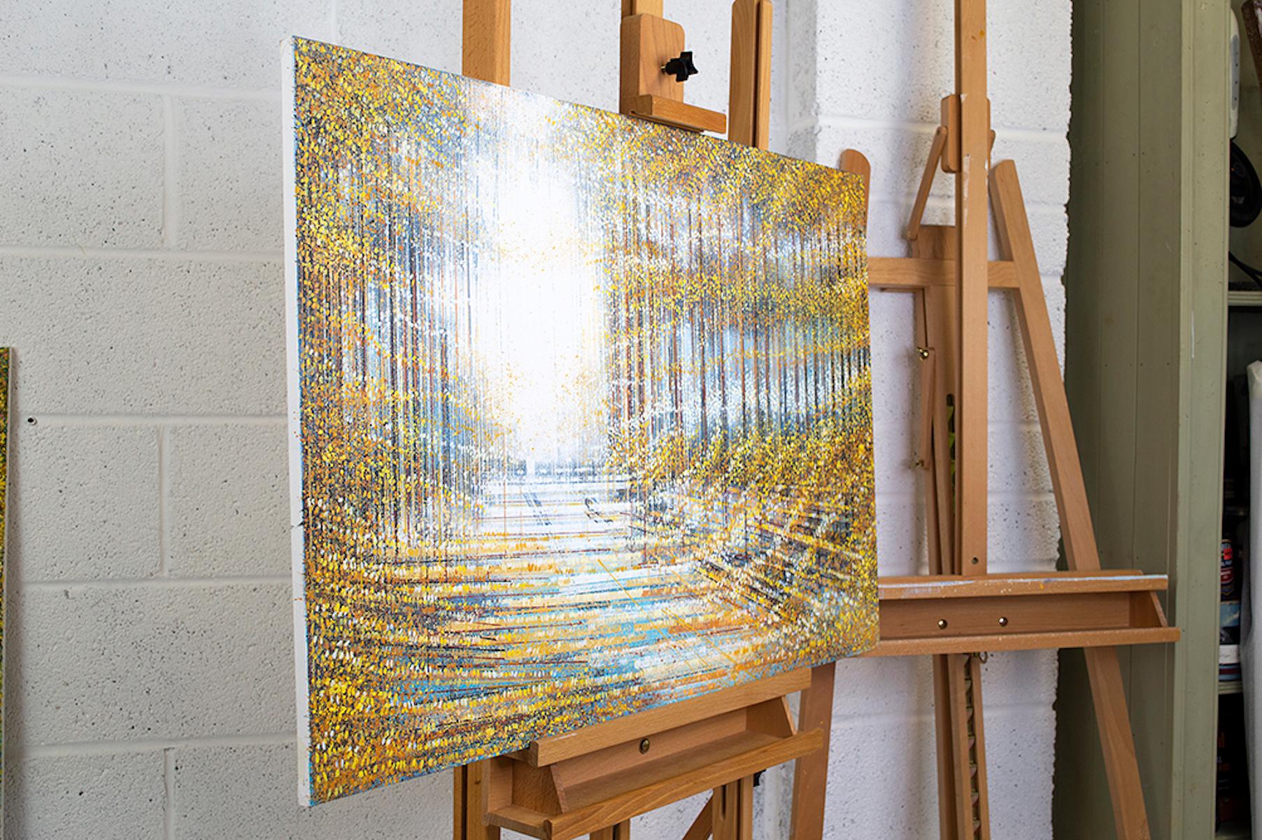 Trees d'automne, Paysage contemporain pointilliste, Art des parcs, Art des arbres lumineux - Marron Landscape Painting par Marc Todd