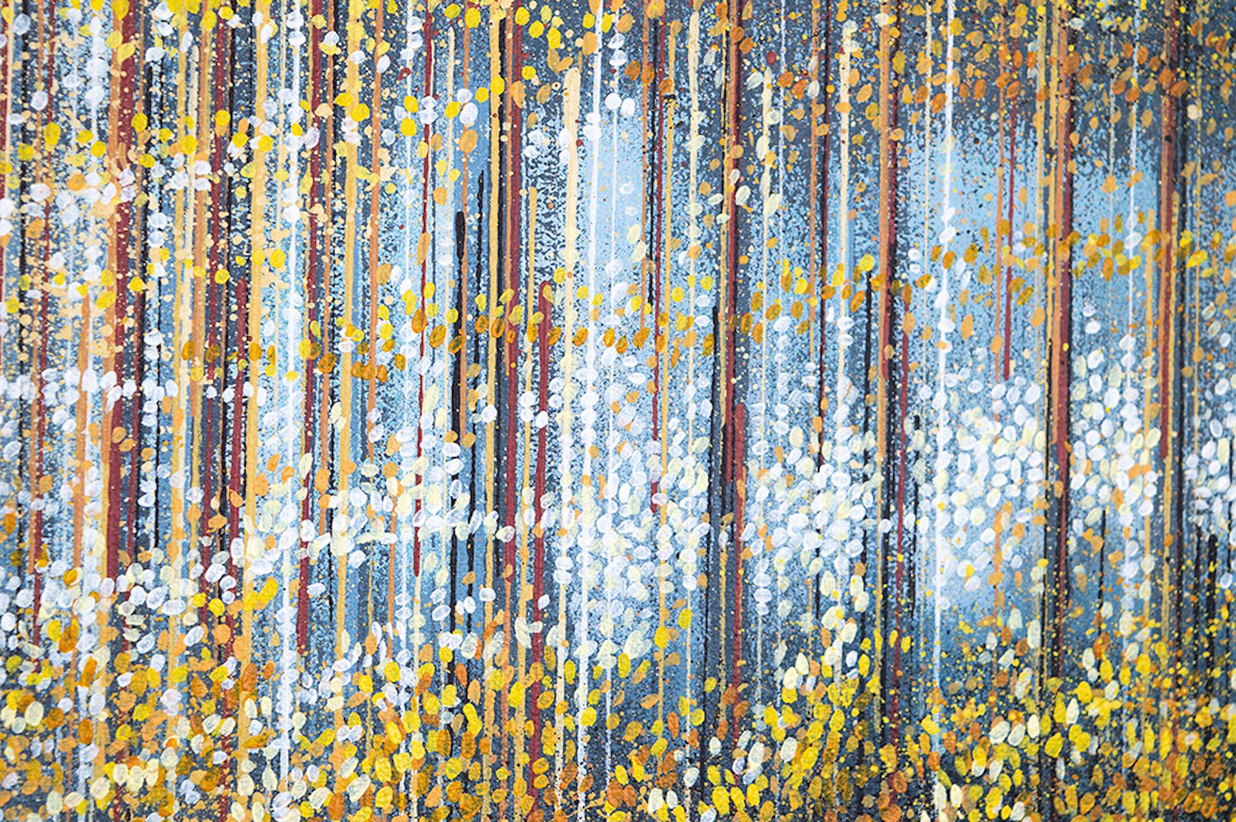 Autumn Trees, Contemporary Pointillist Landscape Park Art, Bright Light Tree Art For Sale 3