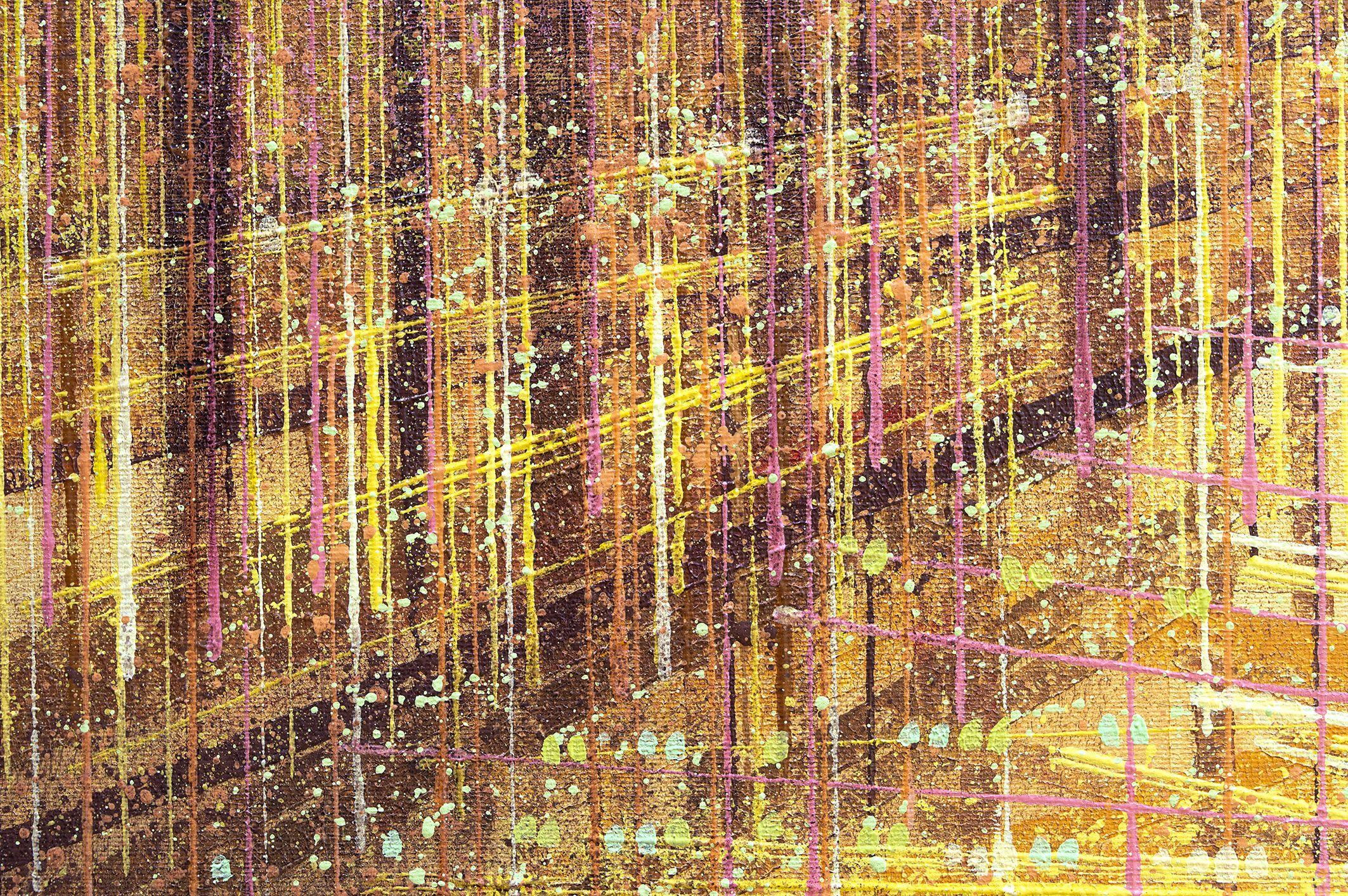 An image of an autumn forest in golden light, painted in a mix of contemporary colours, and created in my signature style, which utilises a range of textures, tools and painting implements to create a unique visual effect.    This painting has been