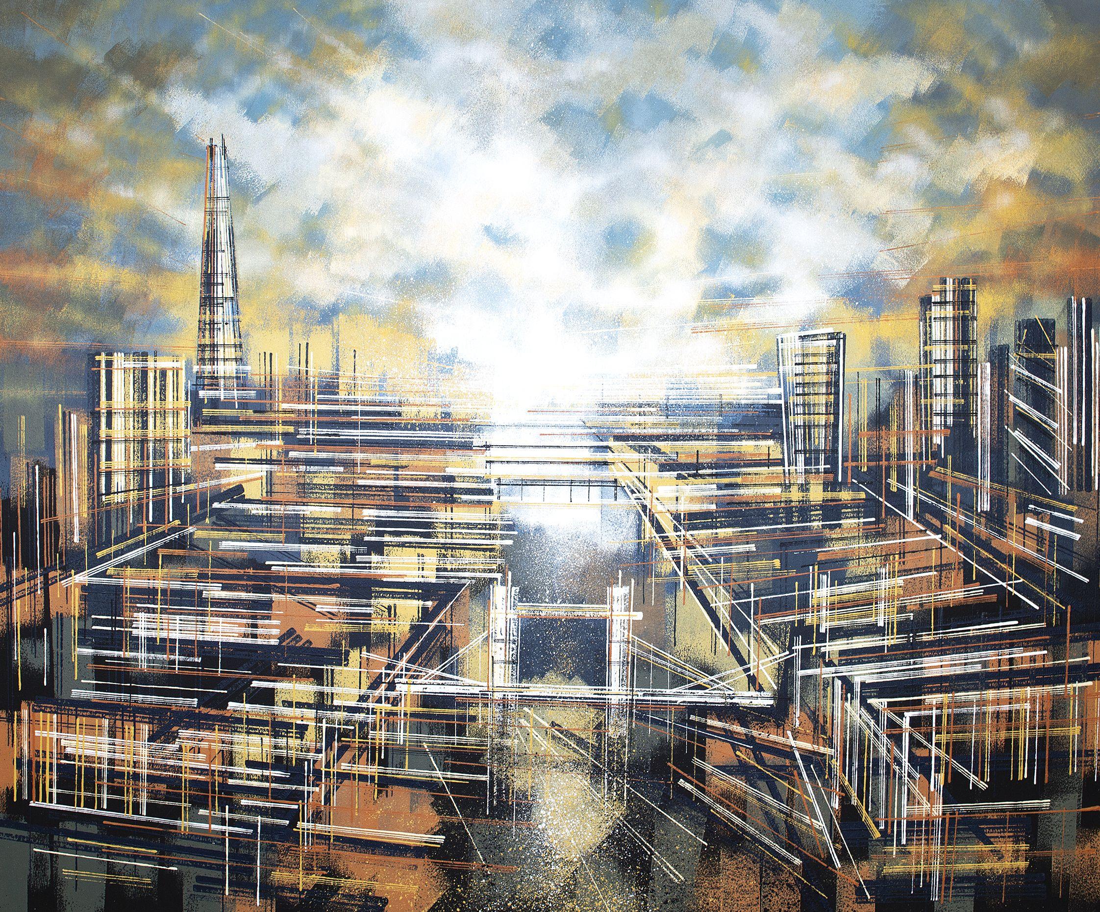 Coucher de soleil dramatique sur Londres, peinture, acrylique sur toile - Painting de Marc Todd