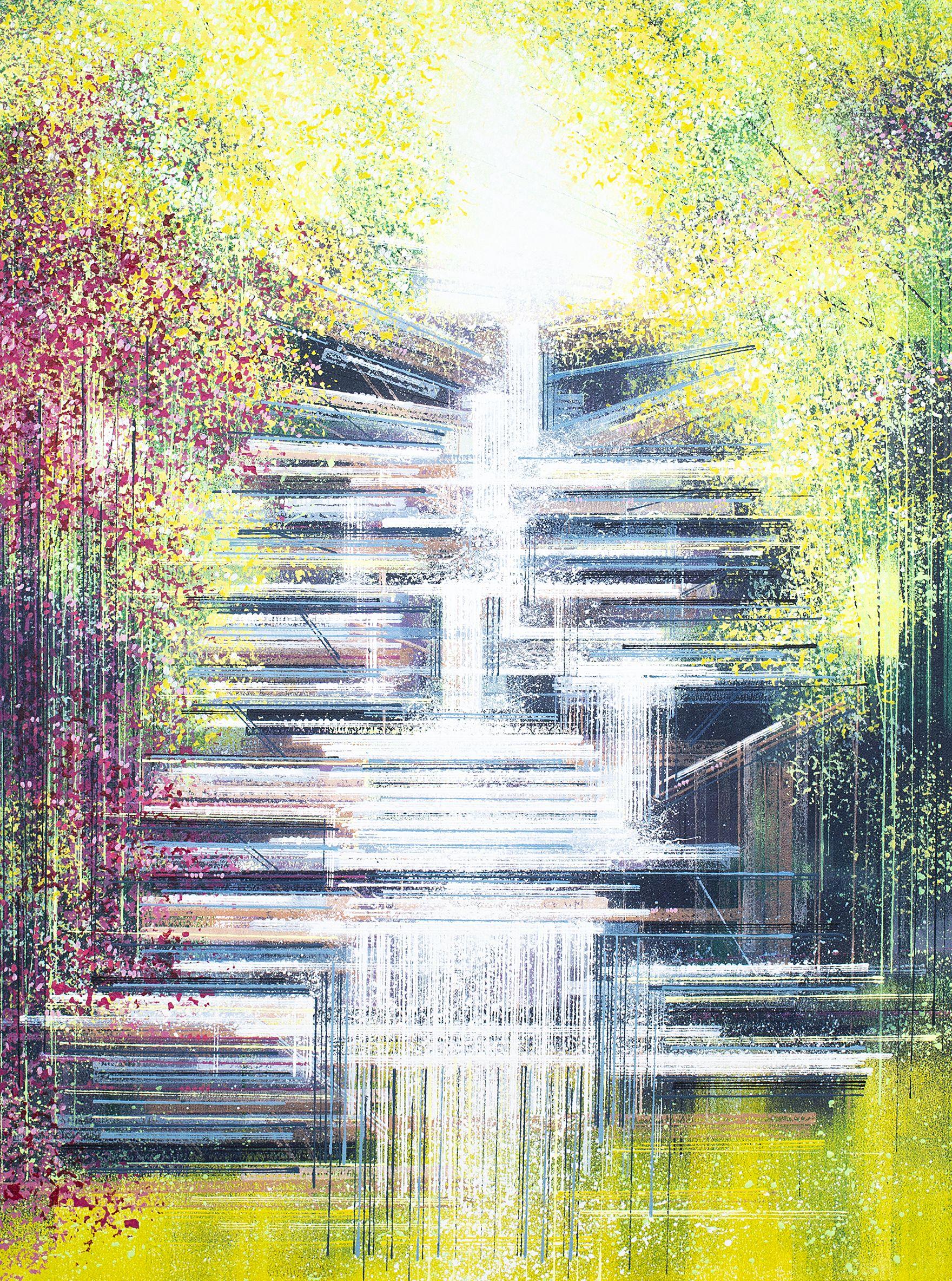 A contemporary impressionist painting of a Japanese spring garden with a waterfall, painted in a mix of vivid colours, and created in my signature style, which utilises a range of textures, tools and painting implements to create a unique visual