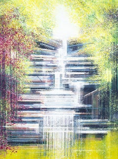 Japanese Spring Garden With Waterfall, Painting, Acrylic on Canvas