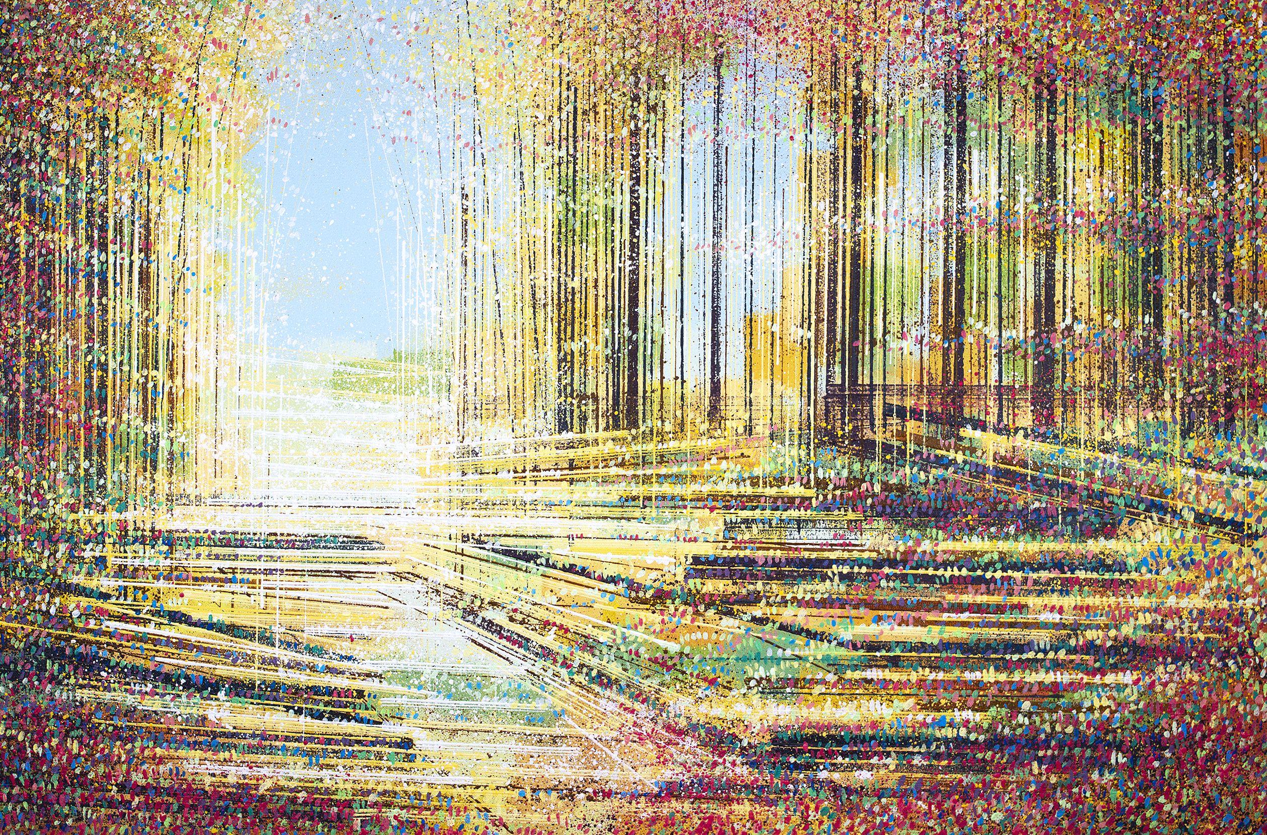 A contemporary impressionist painting of forest filled with light, painted in a mix of seasonal colours, and created in my signature style, which utilises a range of textures, tools and painting implements to create a unique visual effect. This