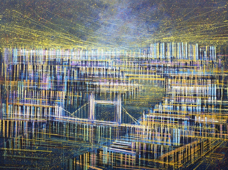 An image of a London from above, painted in a mix of contemporary colours, and created in my signature style, which utilises a range of textures, tools and painting implements to create a unique visual effect.    This painting has been created on,