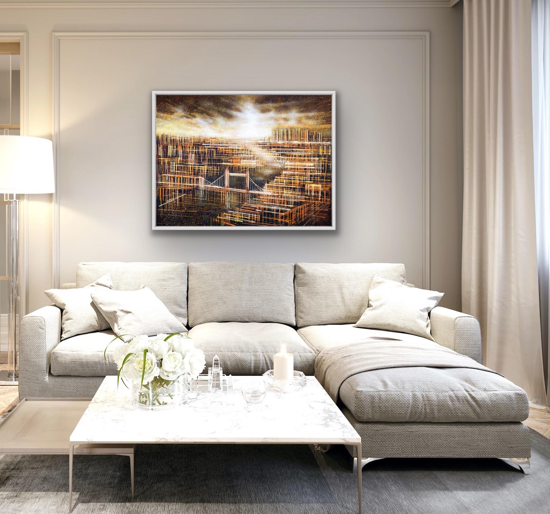 London Skyline Under a Warm Sunset, Bright Lights London Cityscape Painting For Sale 4
