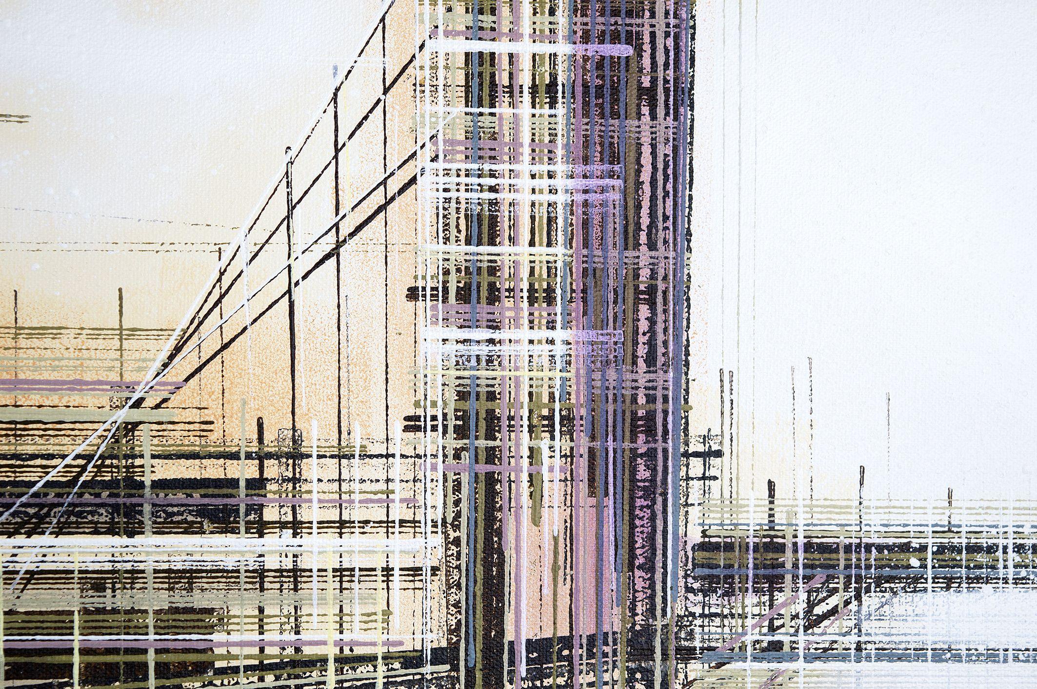 Une image du Tower bridge de Londres, peinte dans des couleurs largement neutres, et créée dans mon style caractéristique, qui utilise une gamme de textures, d'outils et d'instruments de peinture pour créer un effet visuel unique.    Cette peinture