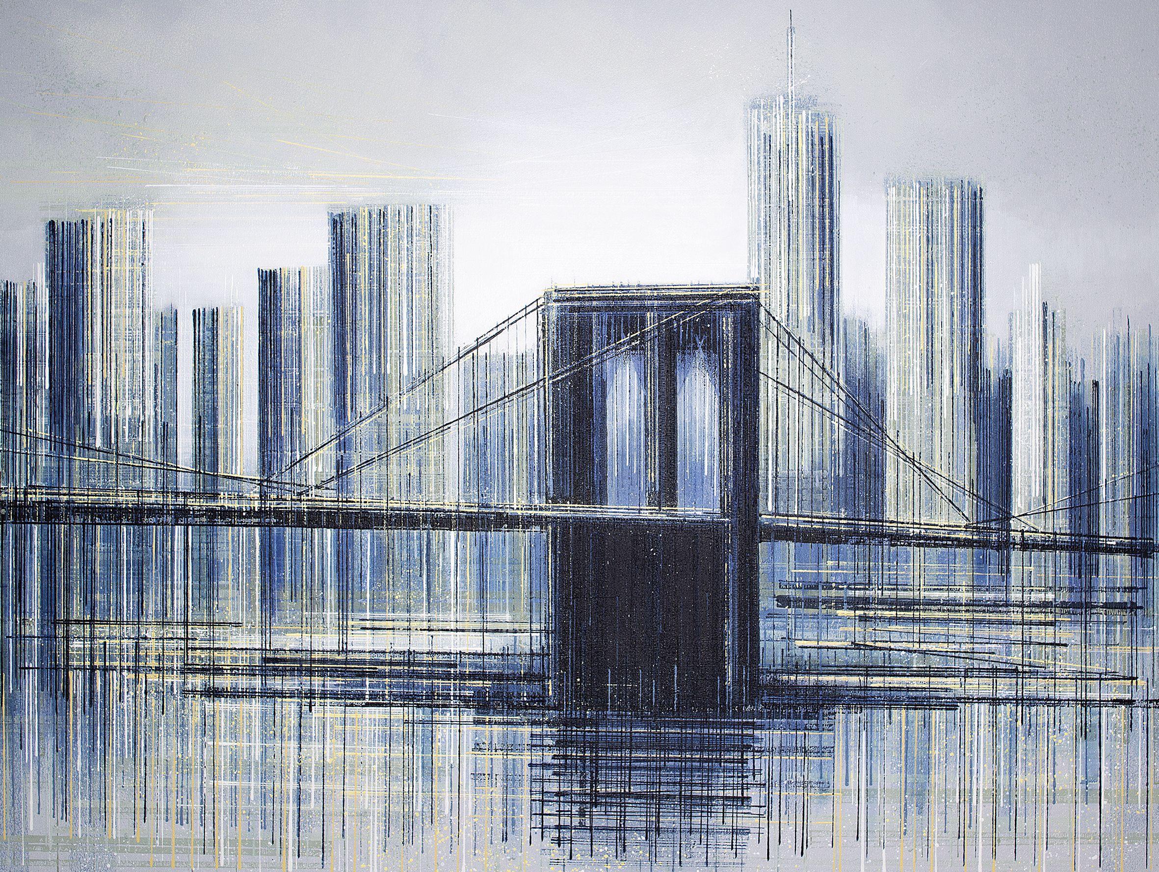 An image of The Brooklyn Bridge at twilight, painted in a mix of contemporary colours, and created in my signature style, which utilises a range of textures, tools and painting implements to create a unique visual effect.    This painting has been
