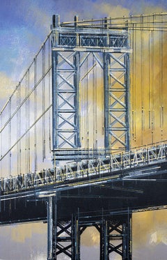 New York - Die Manhattan-Brücke bei Sonnenuntergang (2023), Gemälde, Acryl auf Leinwand