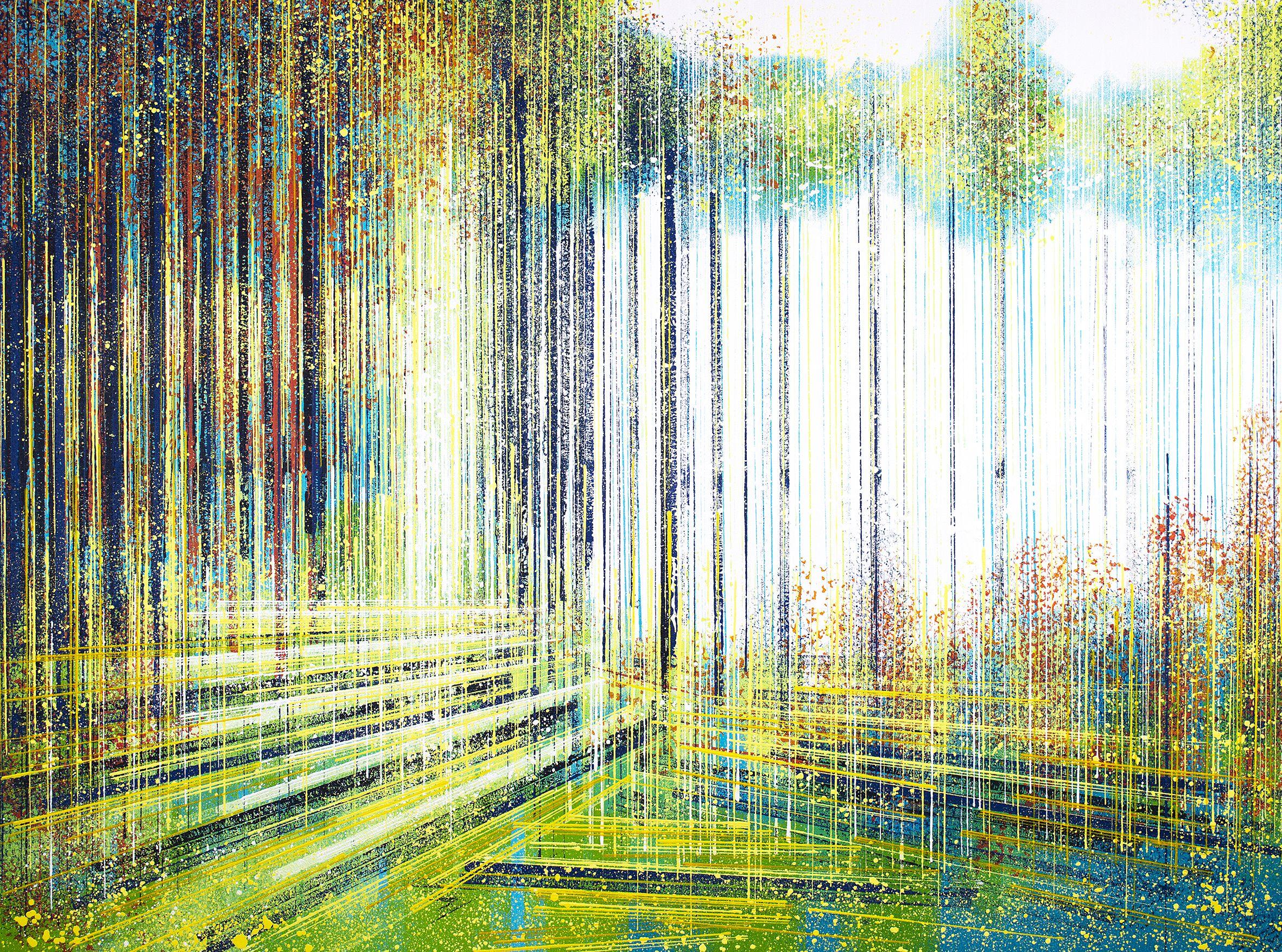 A contemporary impressionist painting of a forest in spring, painted in a mix of contemporary colours, and created in my signature style, which utilises a range of textures, tools and painting implements to create a unique visual effect.    This