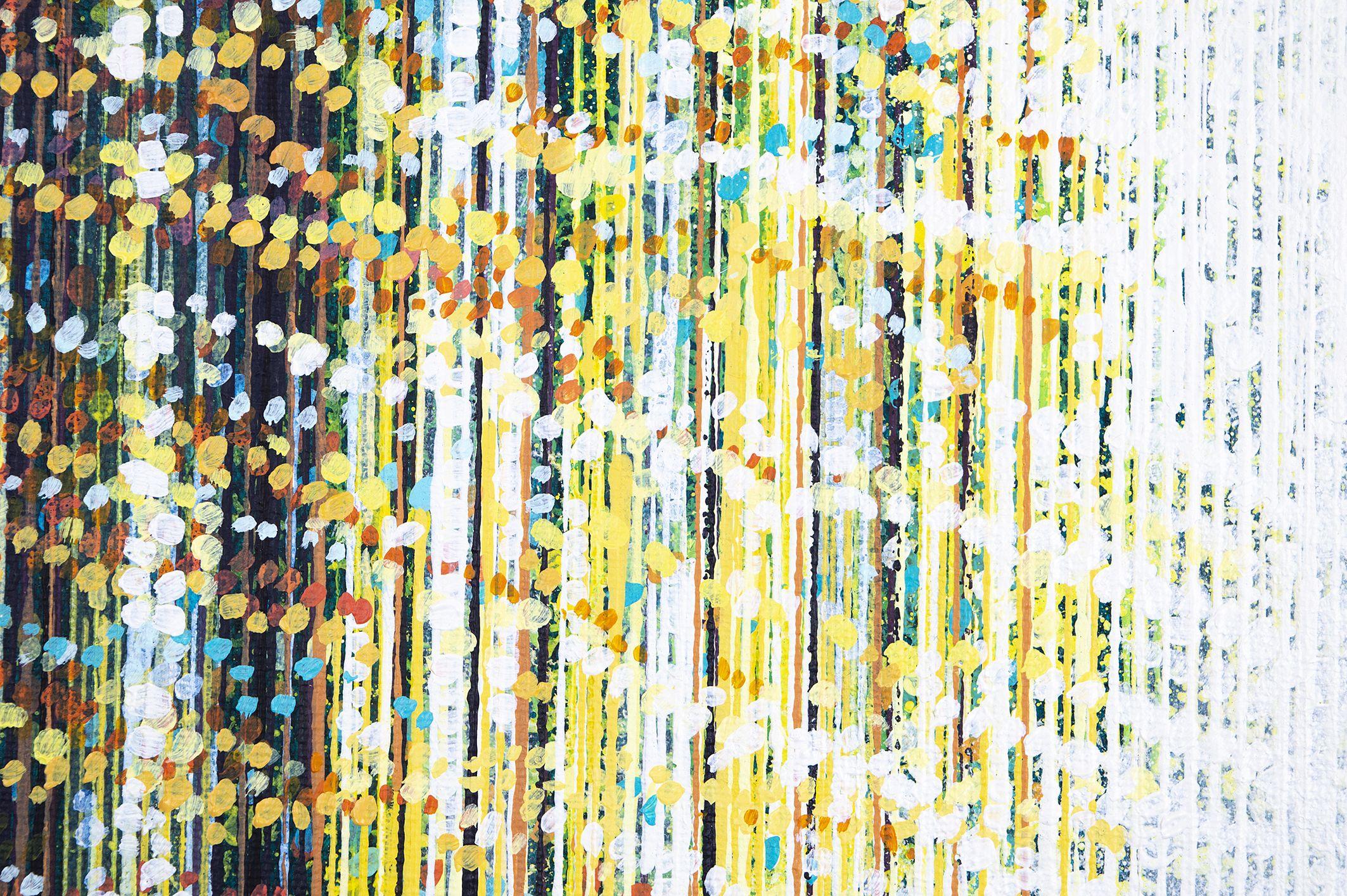 Un quadro impressionista contemporaneo di alberi estivi alla luce del pomeriggio, dipinto con un mix di colori stagionali e realizzato secondo il mio stile caratteristico, che utilizza una serie di texture, strumenti e attrezzi da pittura per creare