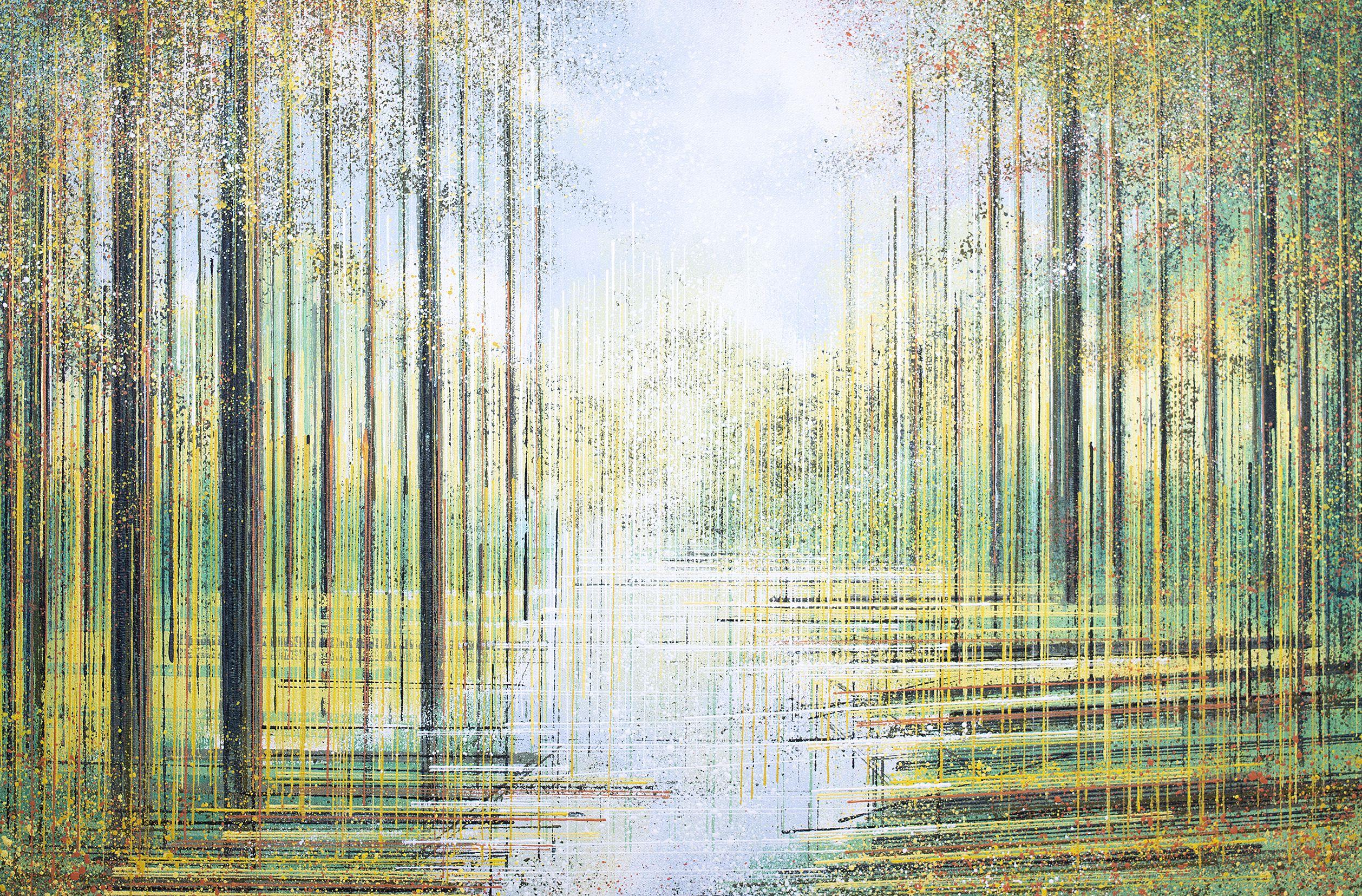 A contemporary impressionist painting of trees in late Summer, painted in a mix of seasonal colours, and created in my signature style, which utilises a range of textures, tools and painting implements to create a unique visual effect.    This