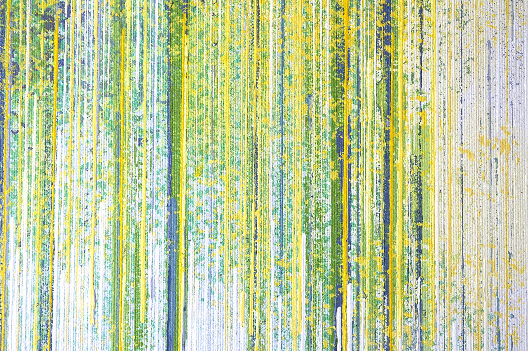 An image of trees in Summer light, painted in a mix of contemporary colours, and created in my signature style, which utilises a range of textures, tools and painting implements to create a unique visual effect.    This painting has been created on,