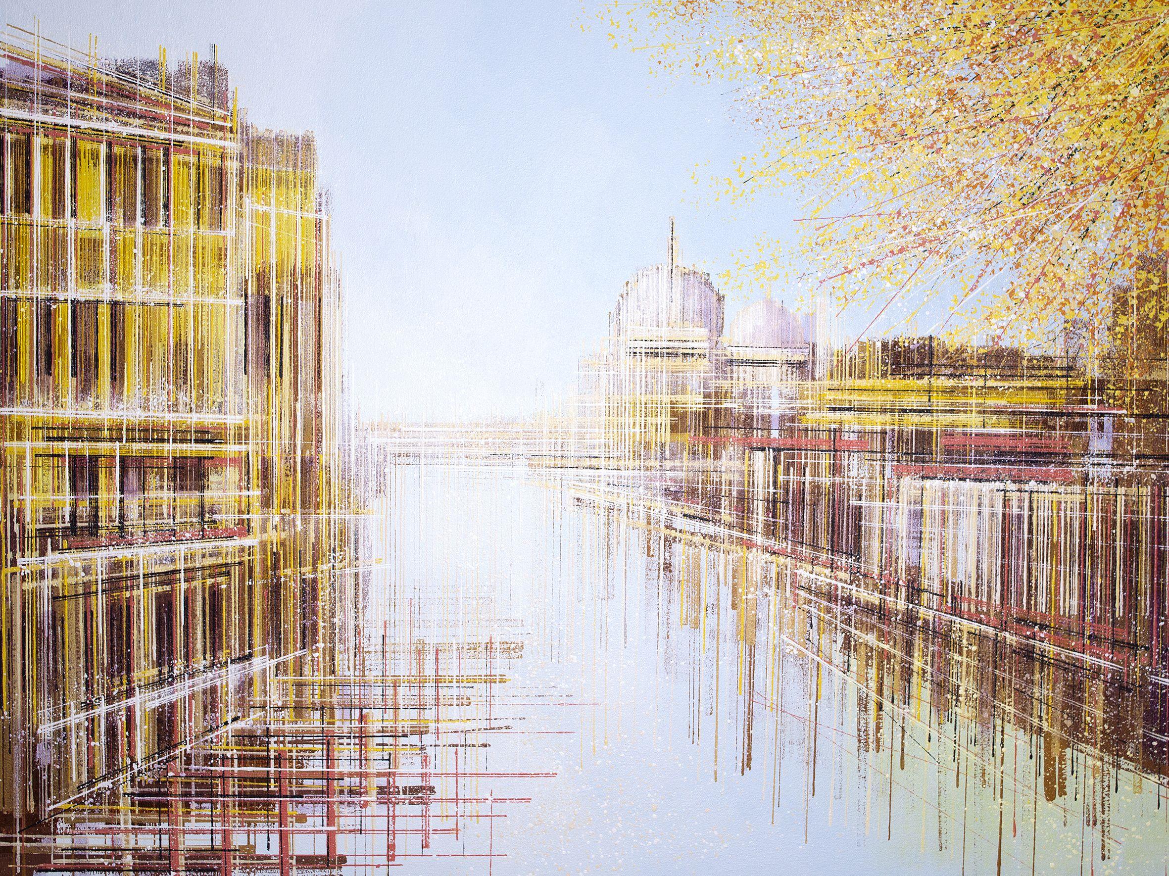 An image of Venice in autumn, painted in a mix of contemporary seasonal colours, and created in my signature style, which utilises a range of textures, tools and painting implements to create a unique visual effect.    This painting has been created