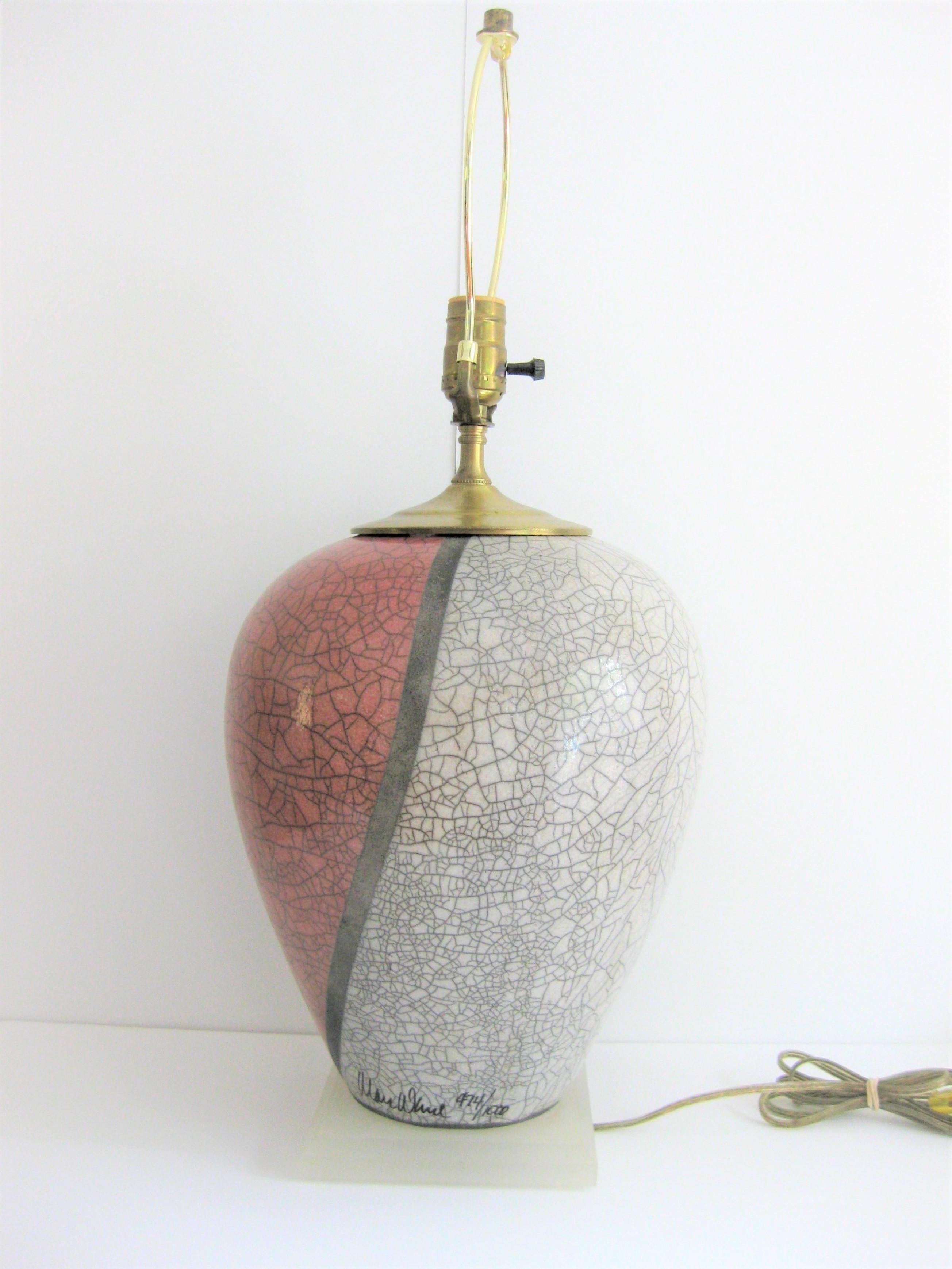 20th Century Marc Ward Artist Signed Crackle Glaze Ceramic Table Lamp For Sale