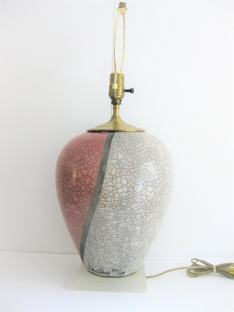Marc Ward Artist Signed Crackle Glaze Ceramic Table Lamp For Sale at
