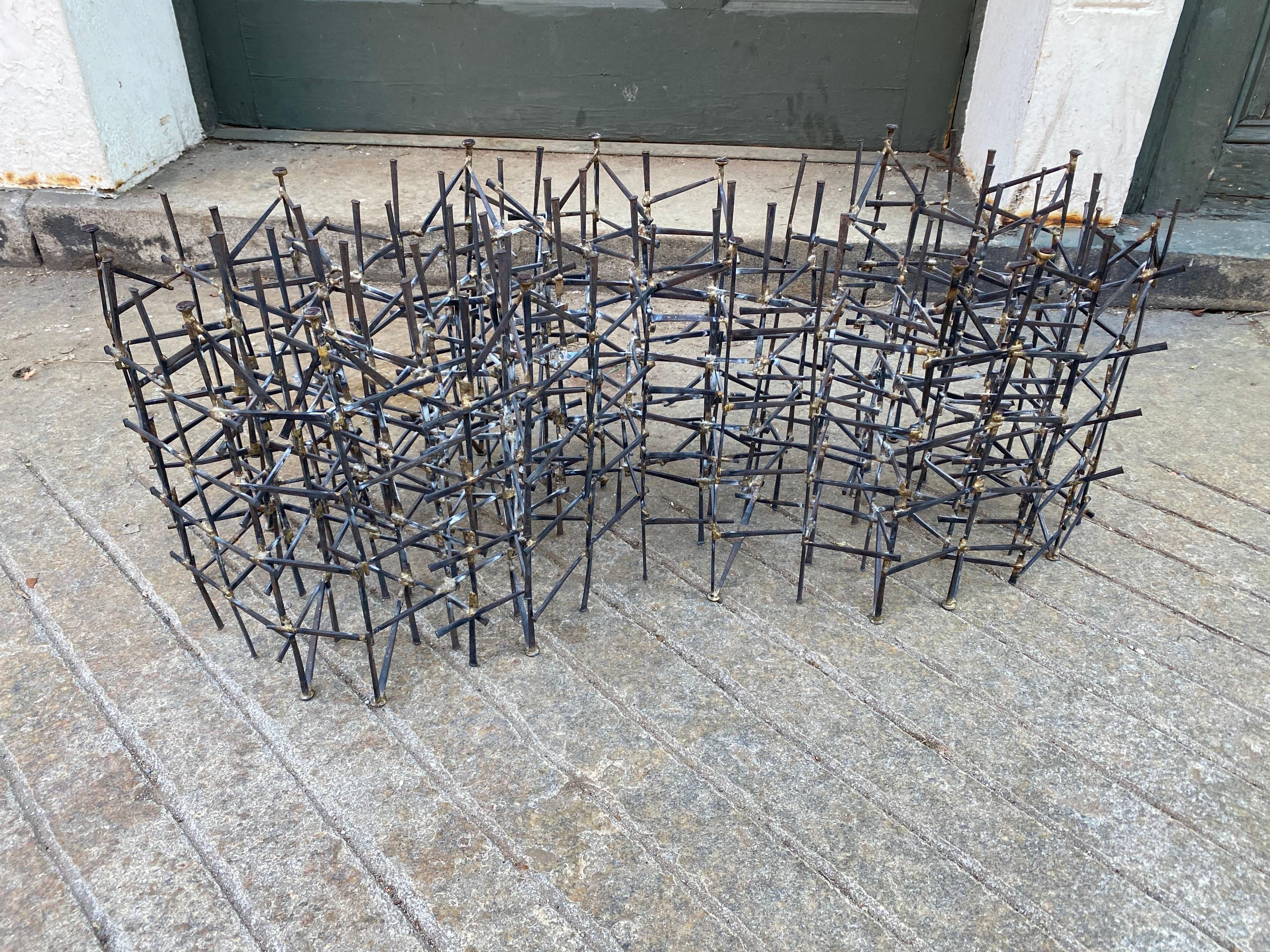 Marc Weinstein Brutalist Nail Sculpture Metal and Glass Coffee Table.  Great small scale size 22' x 40