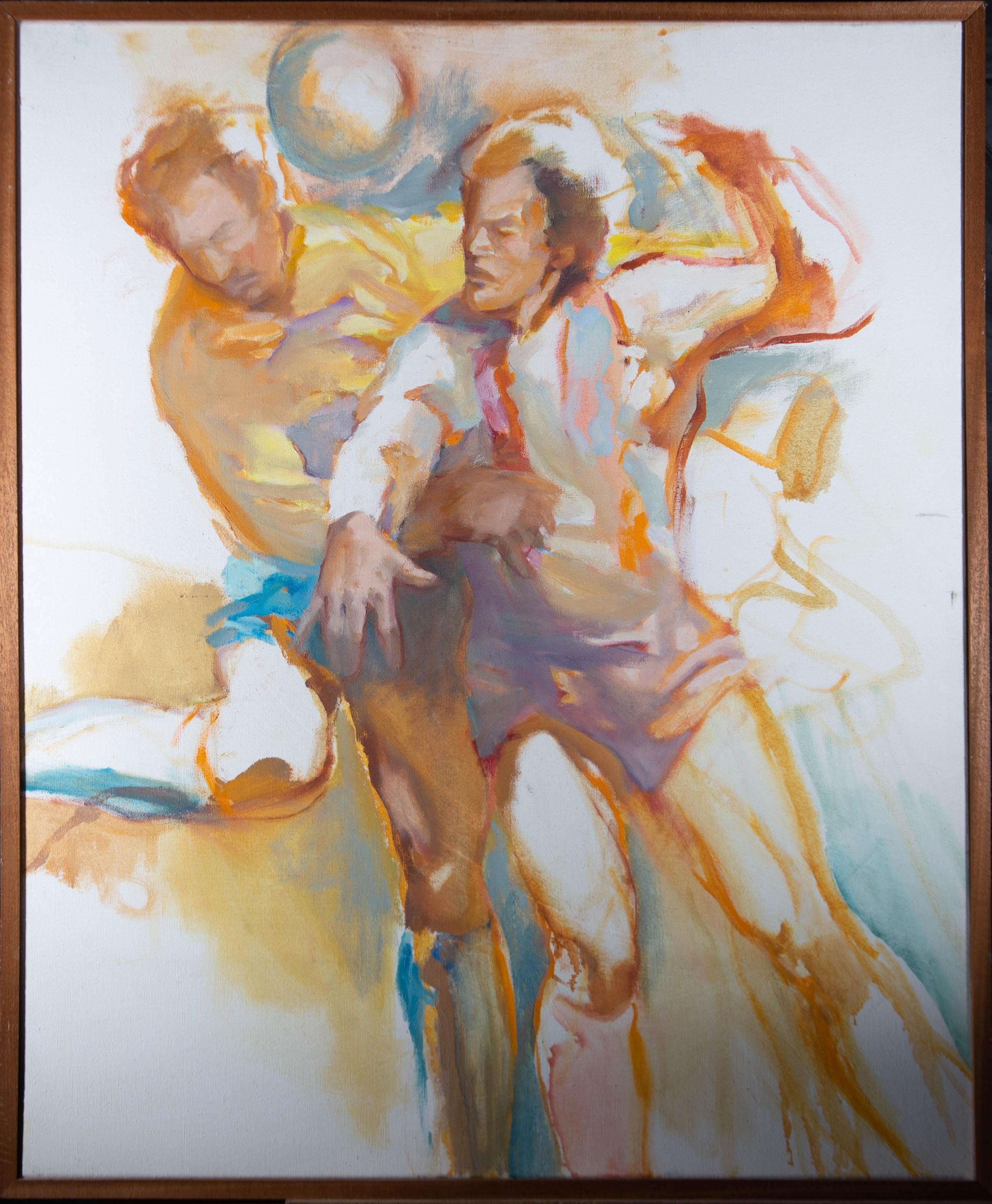 A dynamic and colorful modernist sporting scene showing two athletic young men mid tackle during a game of soccer. The artist has used a wonderfully vibrant palette and gestural lines to create movement and dynamism in the painting. The painting has