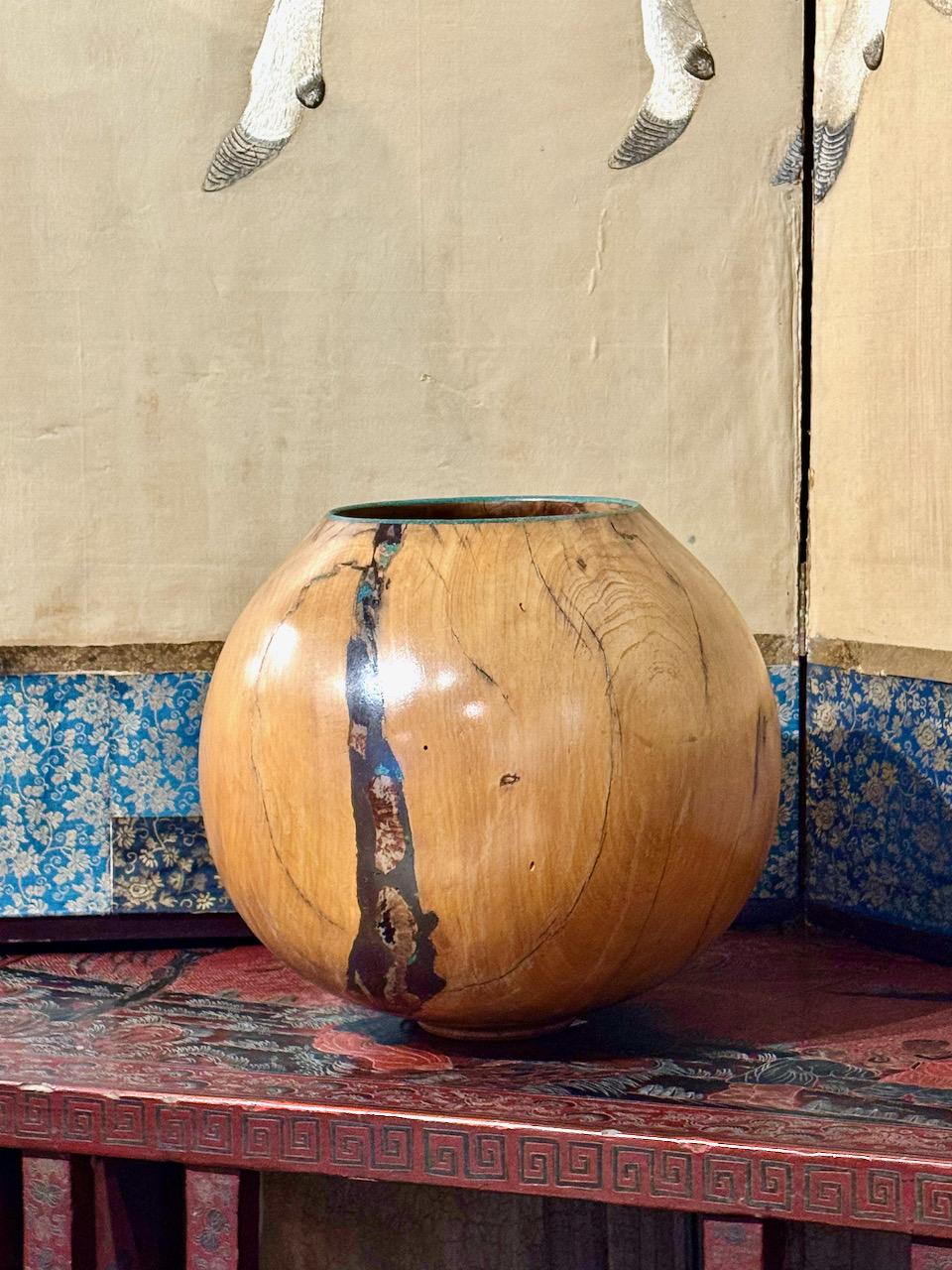 Organic Modern Marc Wroe Turned and Turquoise Inlaid Wood Vessel, II For Sale