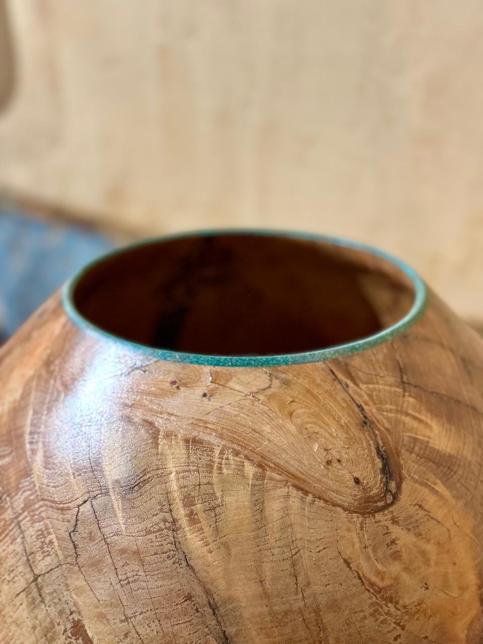American Marc Wroe Turned and Turquoise Inlaid Wood Vessel, II For Sale