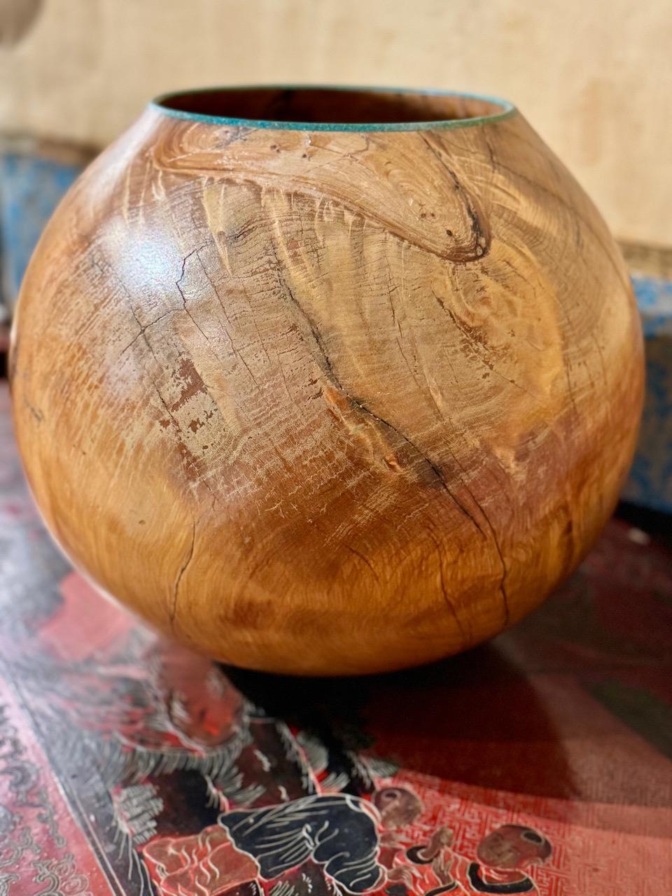 Hand-Carved Marc Wroe Turned and Turquoise Inlaid Wood Vessel, II For Sale