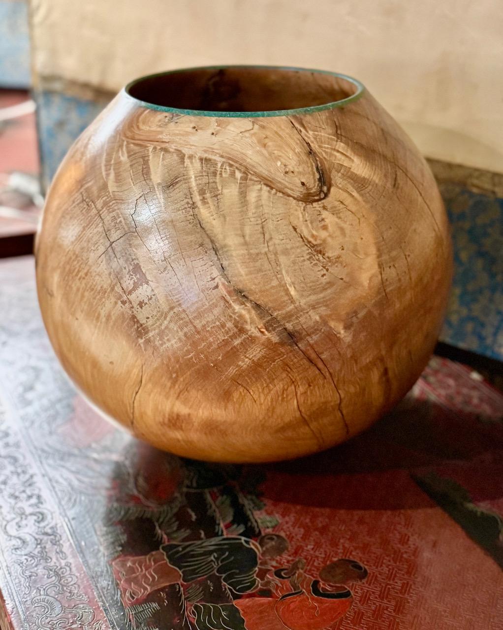Late 20th Century Marc Wroe Turned and Turquoise Inlaid Wood Vessel, II For Sale