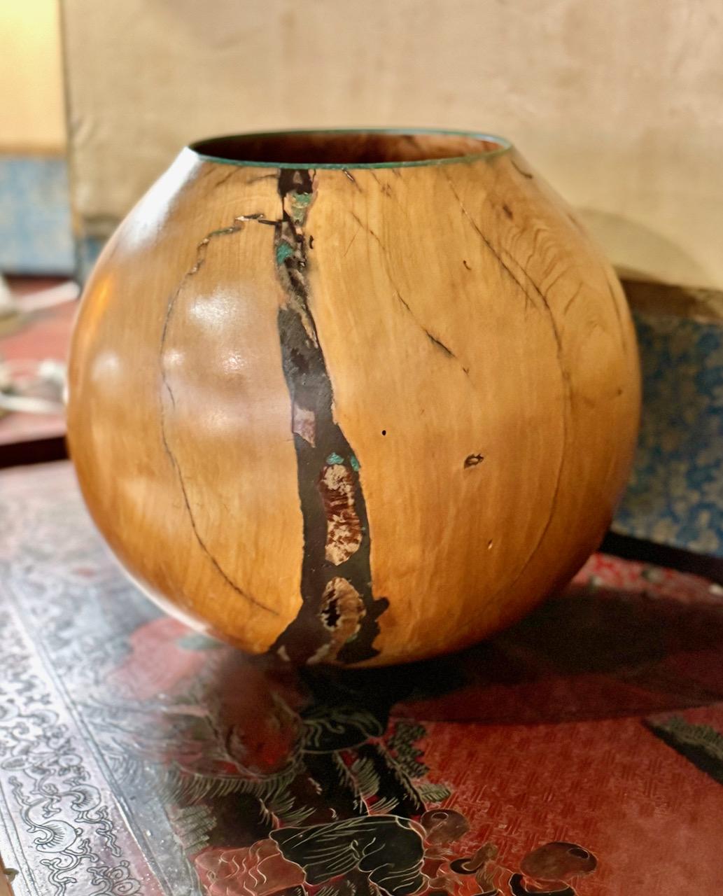 Burl Marc Wroe Turned and Turquoise Inlaid Wood Vessel, II For Sale