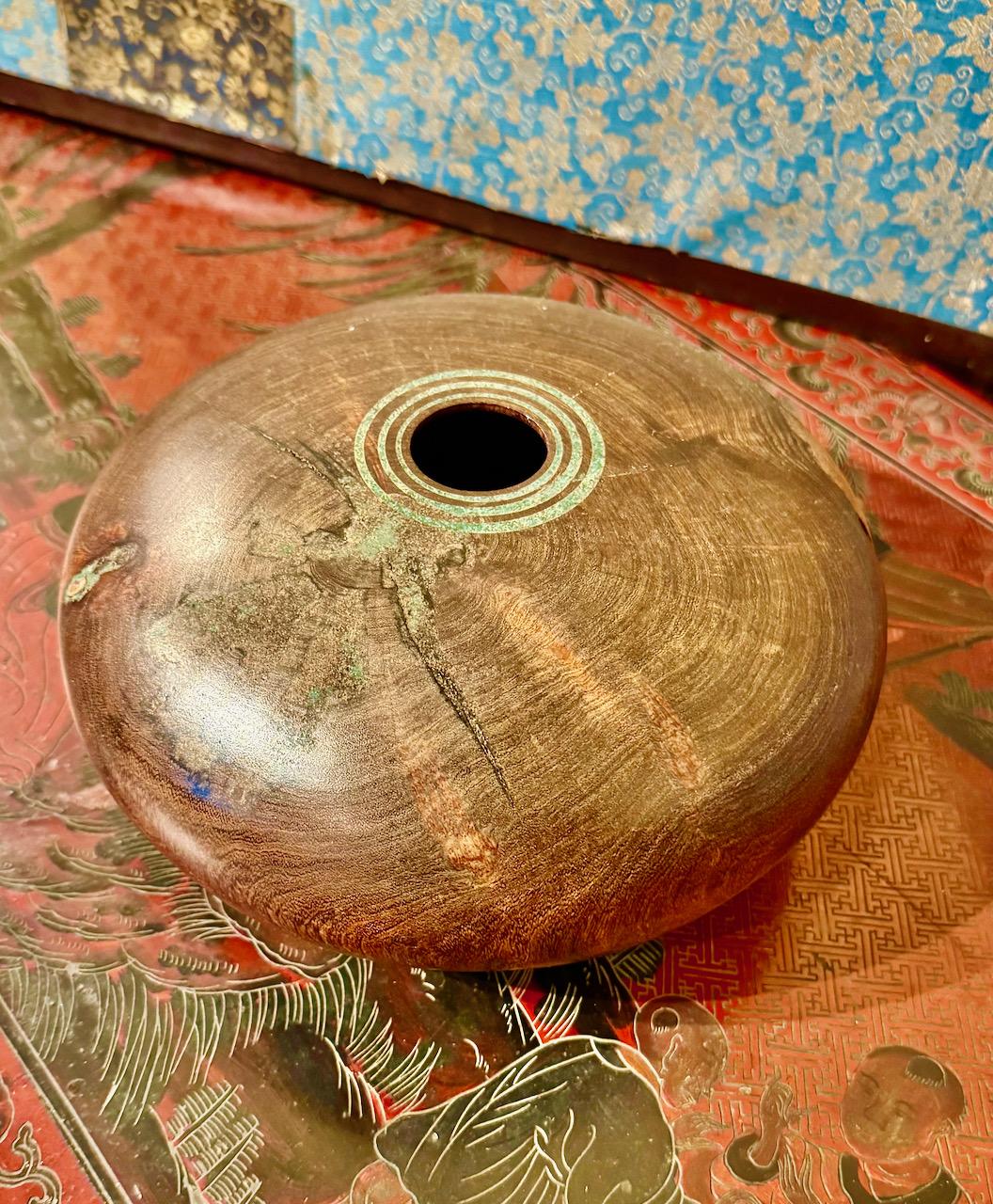 Organic Modern Marc Wroe Turned and Turquoise Inlaid Wood Vessel, III For Sale