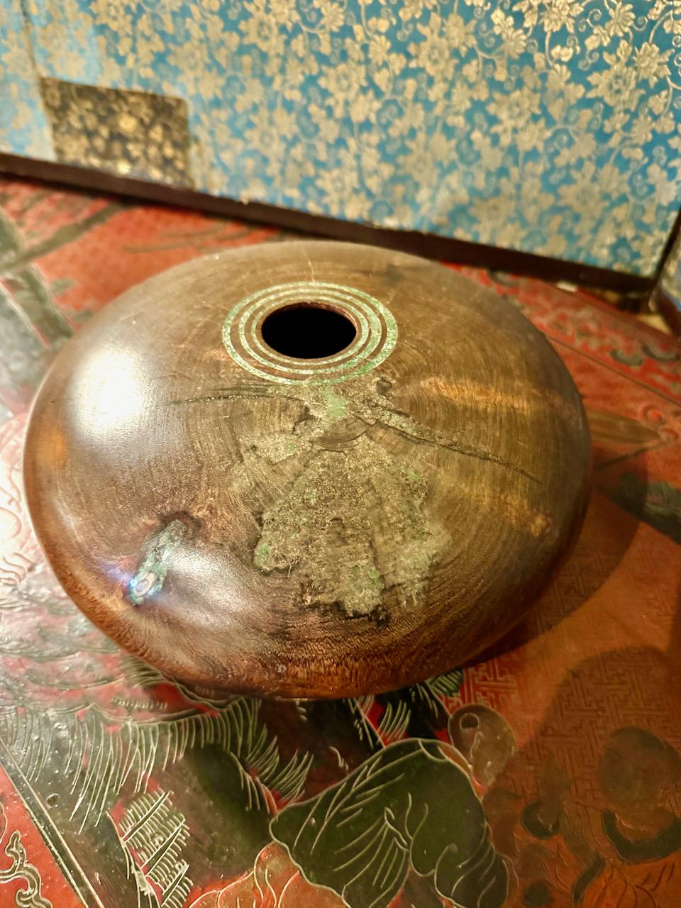 American Marc Wroe Turned and Turquoise Inlaid Wood Vessel, III For Sale
