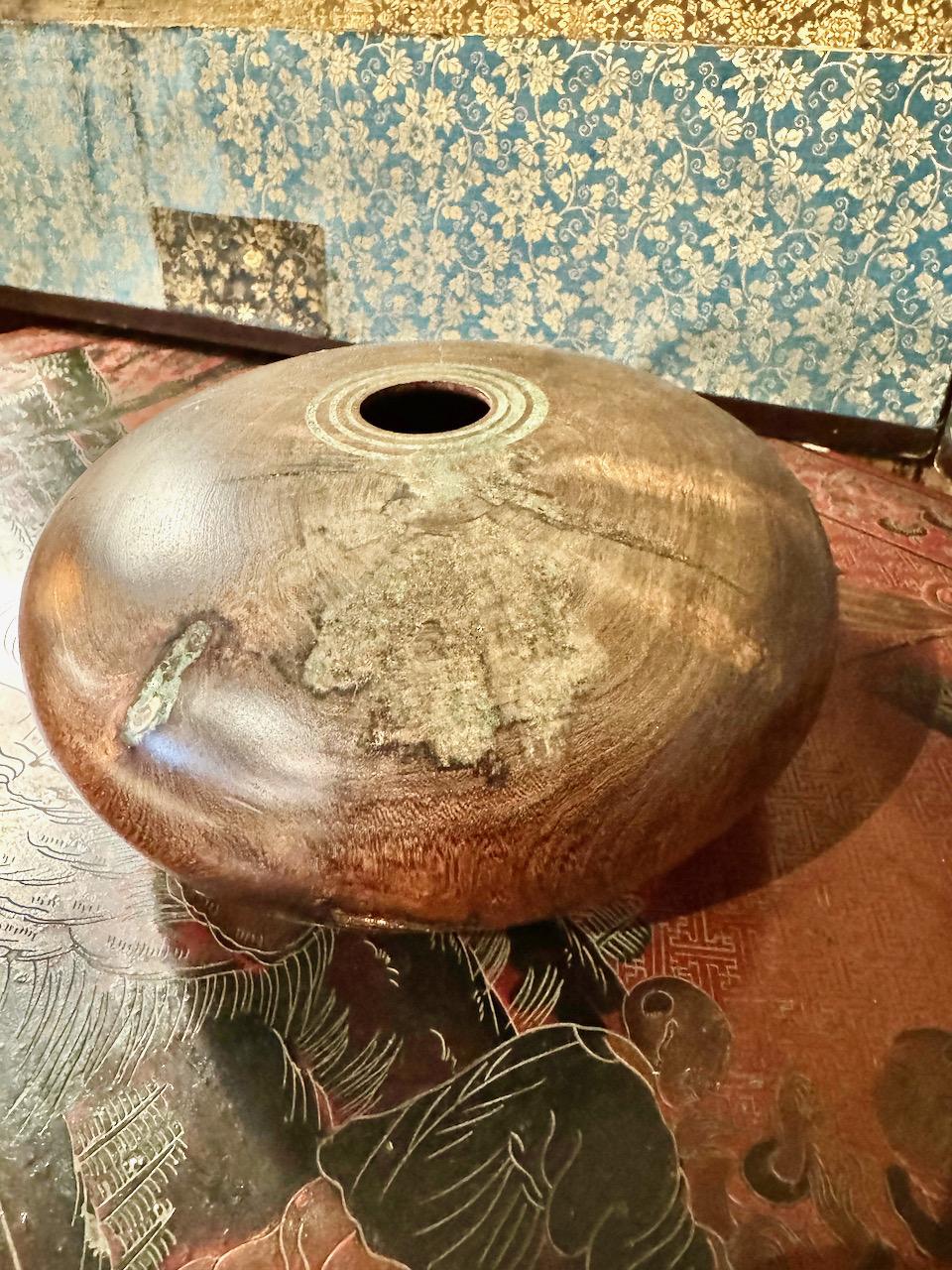 Inlay Marc Wroe Turned and Turquoise Inlaid Wood Vessel, III For Sale