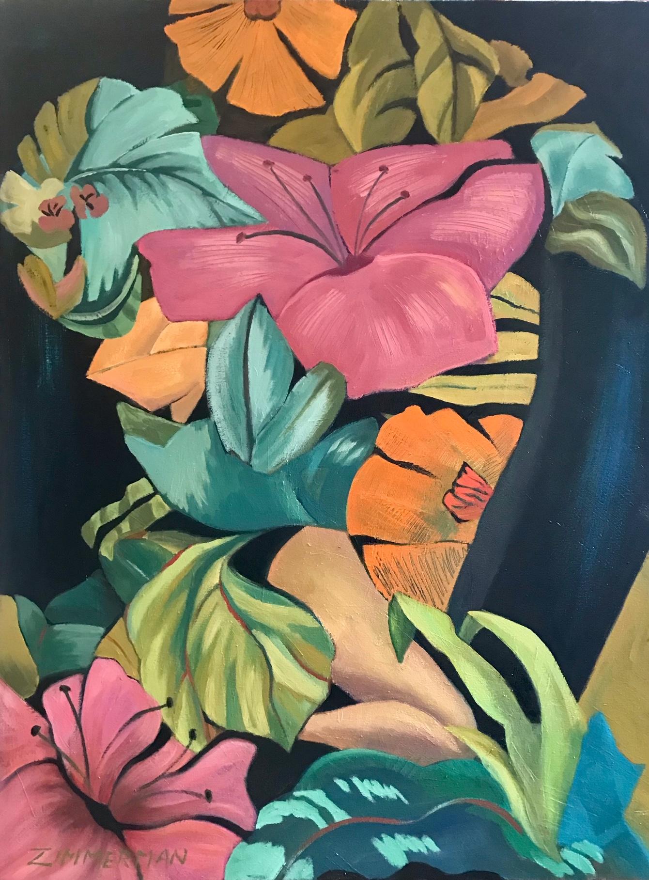 Tropische Pflanzen und Blumen sind zusammen mit teilweise versteckten Figuren in dieser tropischen Szene versammelt.

Ein Hawaii-Wandteppich – Ölfarbe von Marc Zimmerman

Dieses Meisterwerk ist in der Zimmerman Gallery, Carmel CA,