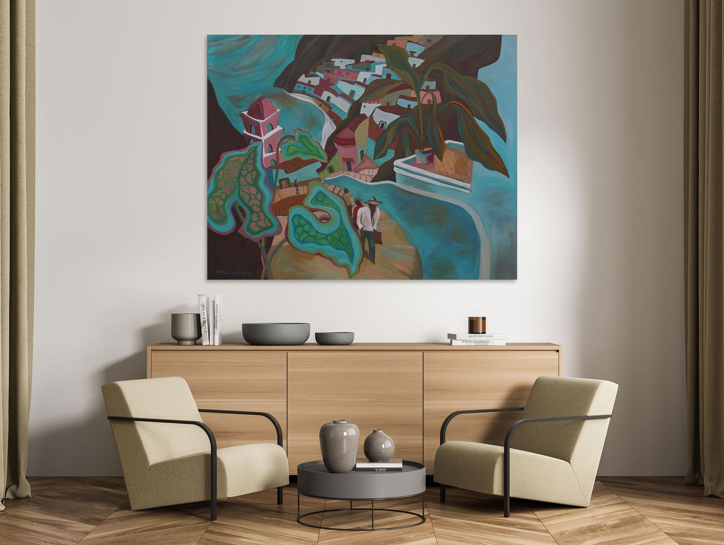 Aqua Village -Landscape Painting -Abstract Geometric Painting By Marc Zimmerman For Sale 1
