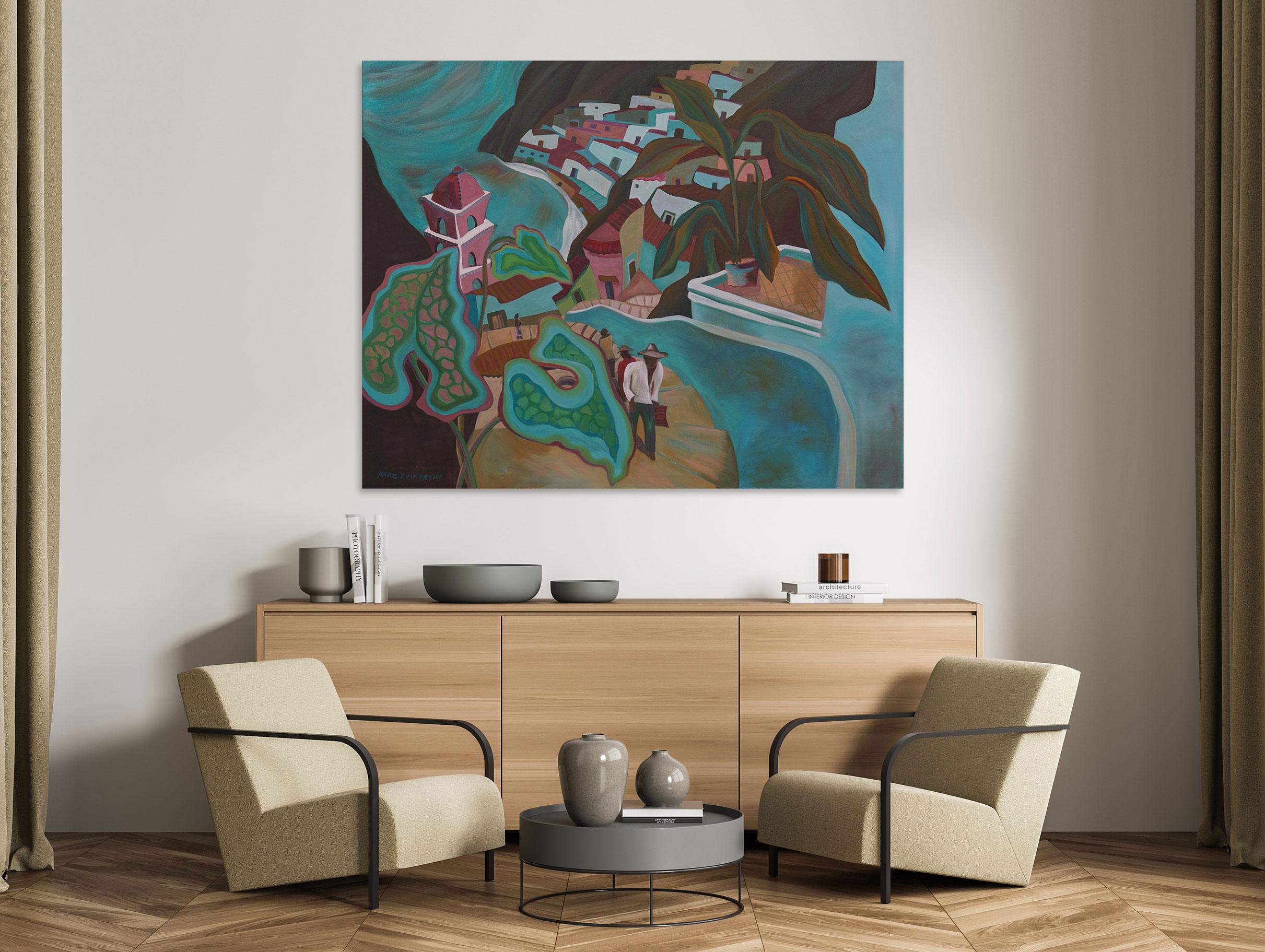 Aqua Village - Pittura di paesaggio - Pittura geometrica astratta di Marc Zimmerman in vendita 1