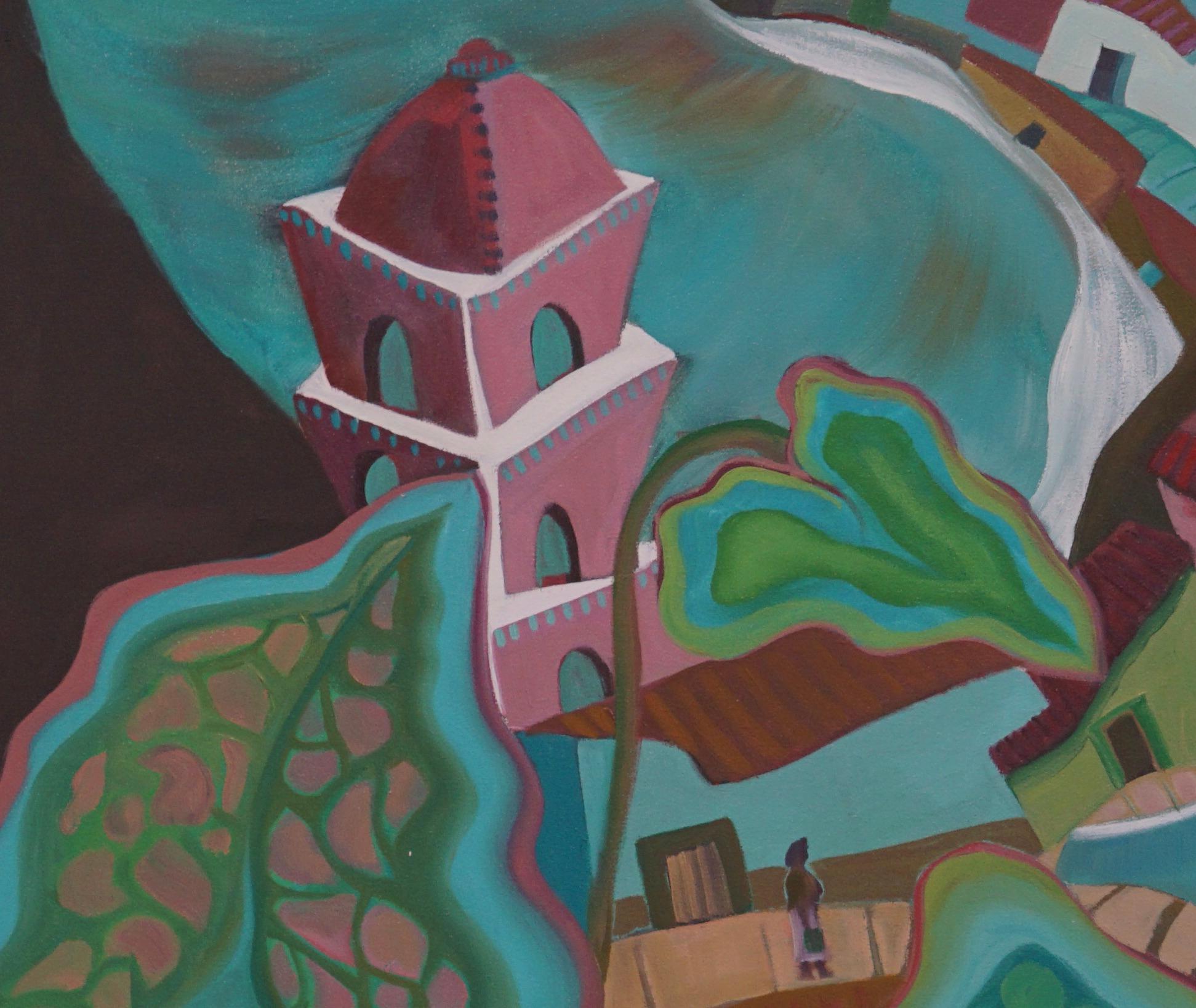 Aqua Village – Landschaftsgemälde – Abstraktes geometrisches Gemälde von Marc Zimmerman im Angebot 3