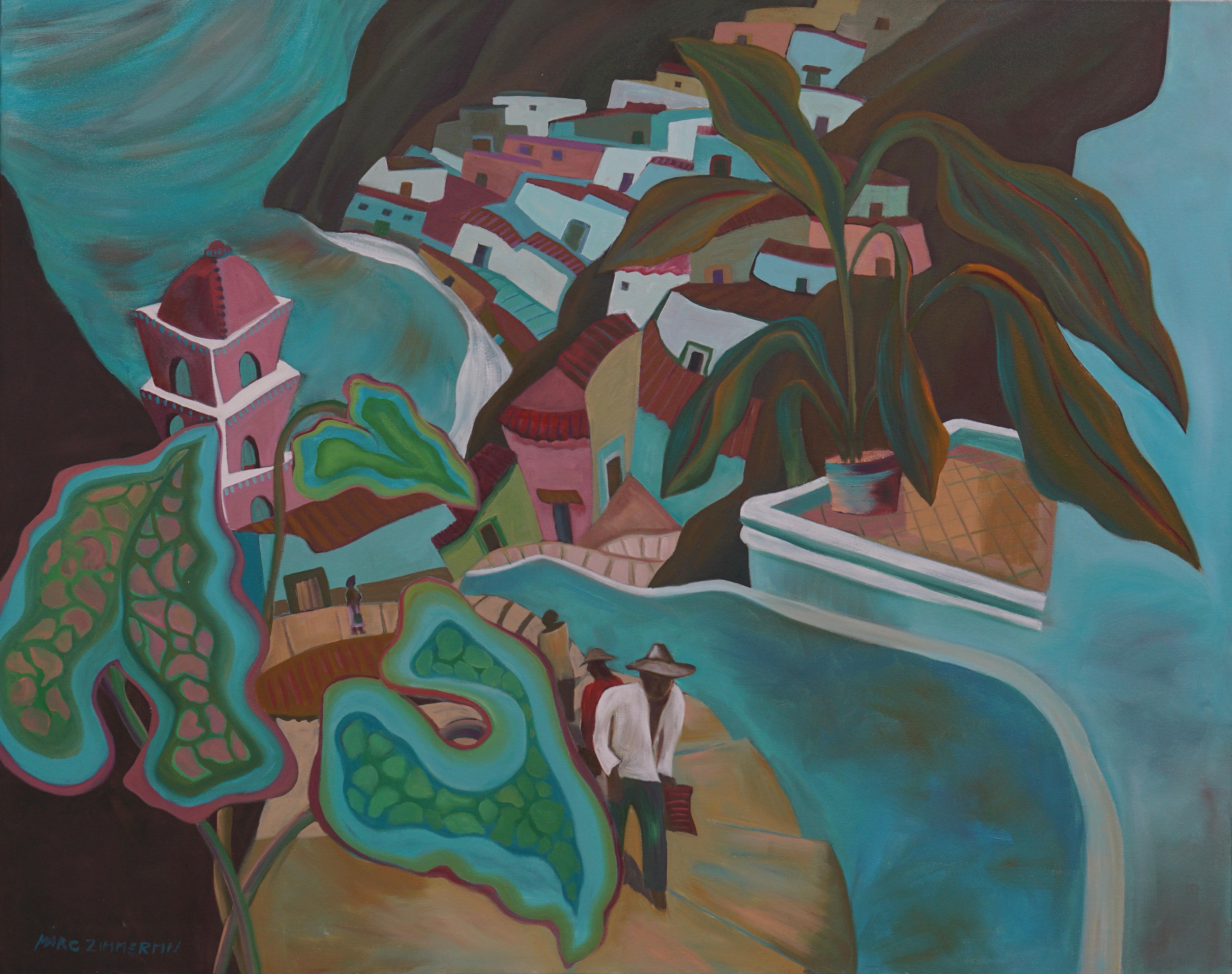 This large painting depicts a classic town cascading down to a secluded bay; A sleepy little old village lost in time. The artist has spent years visiting and painting in Greece and Mexico, and from memory designs imaginative works of art.

Aqua
