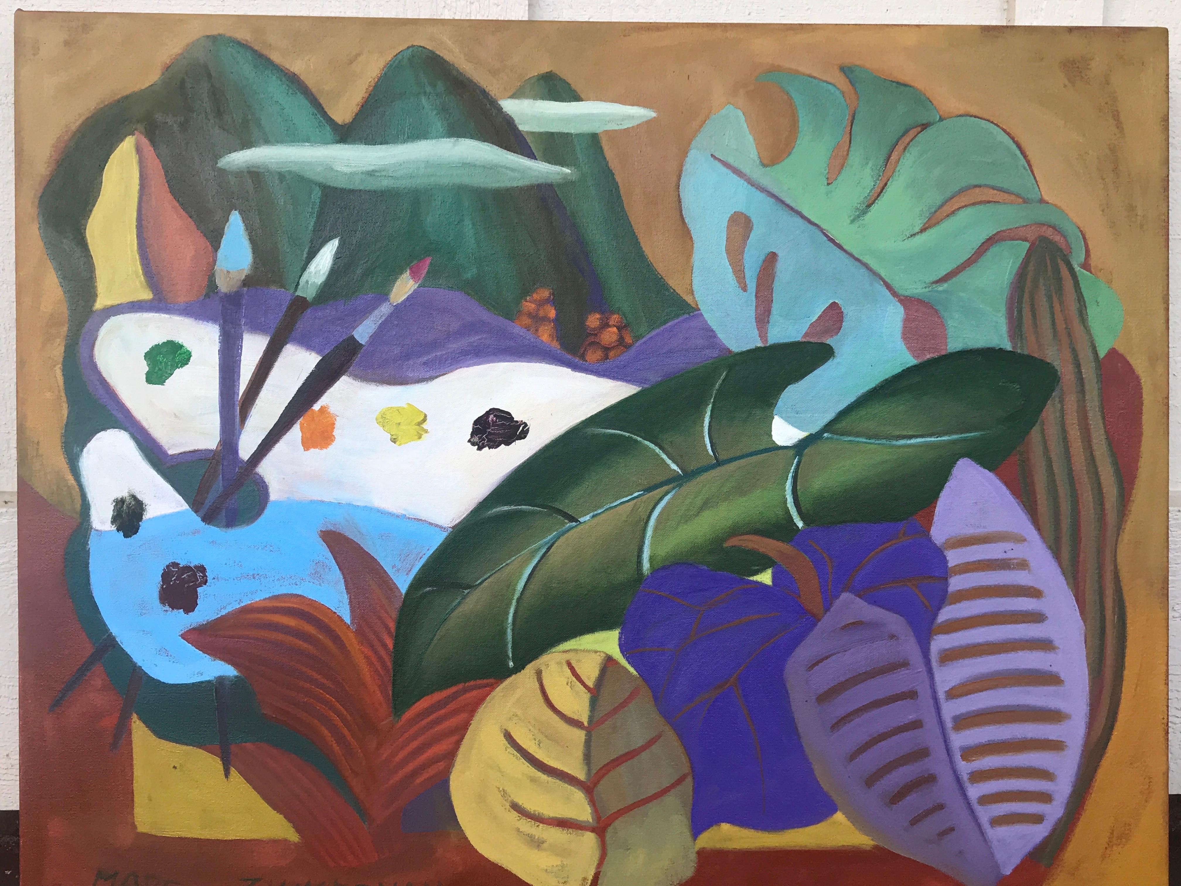Eine grüne, tropische Landschaft bildet den Rahmen für die Palette der Künstler. Schließlich setzen seine Form und Farbe den perfekten Akzent.

Künstlerin Palette – Landschaftsgemälde – Öl auf Leinwand von Marc Zimmerman


Marc Zimmerman schafft