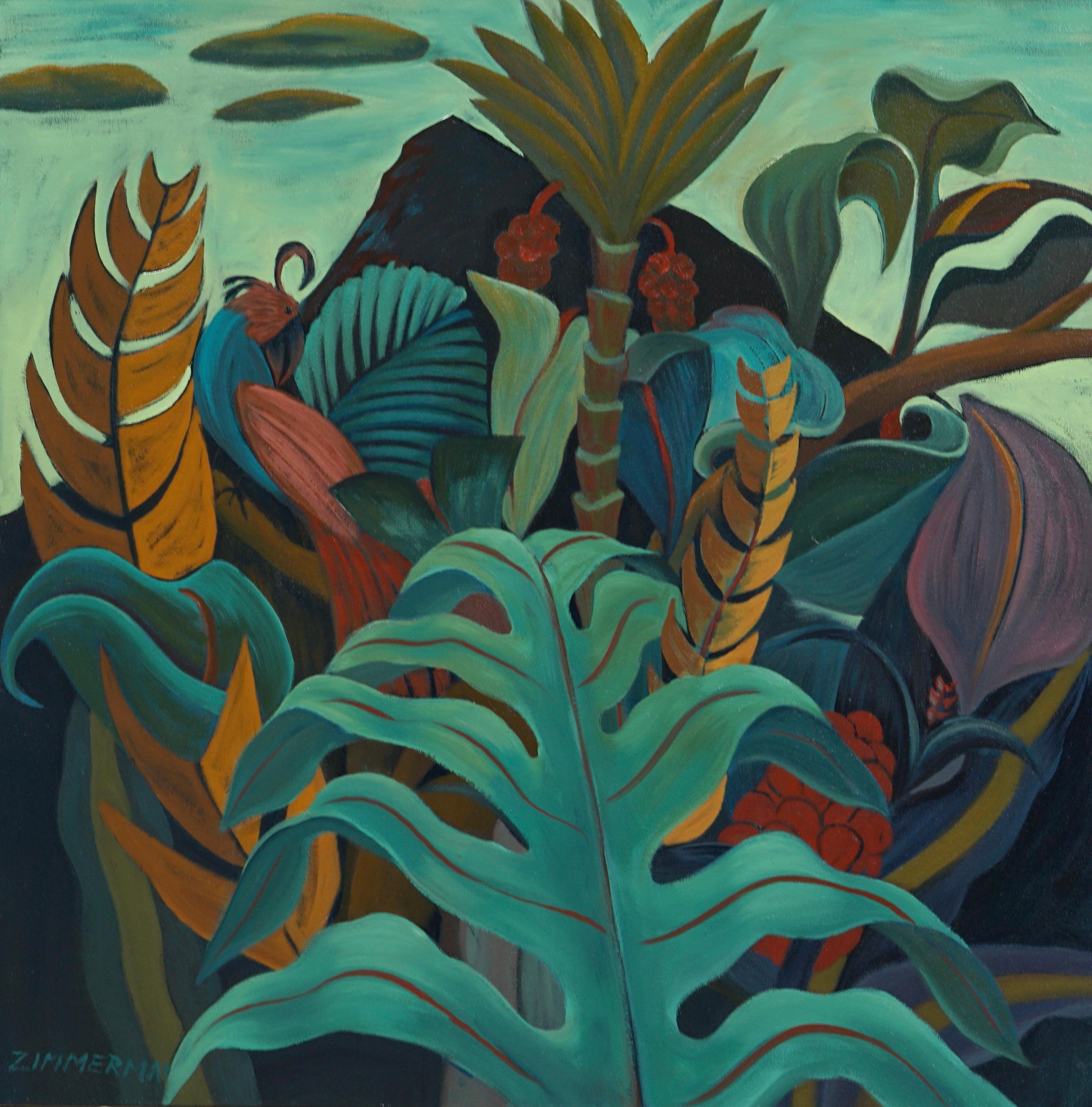 Inventive jungle flora climbs and weaves their way up the mountain in this colorful tropical painting. The plant shapes are clear and somewhat geometric, with great color contrast.

Bird in Paradise - Landscape Paintings - Contemporary Art By Marc