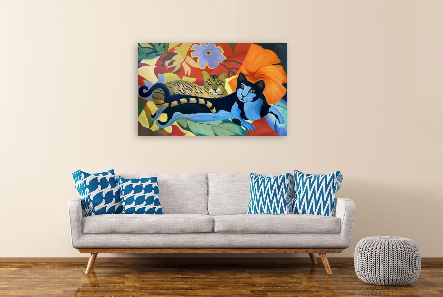 Blooming Buddies - Cats Painting By Marc Zimmerman For Sale 1