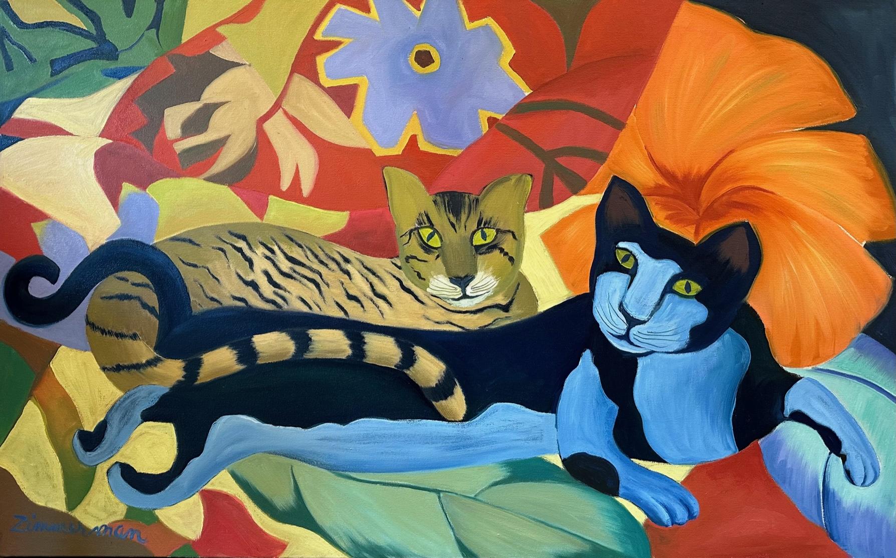 Boots N Katz" ist ein fröhliches und lebhaftes Gemälde, das die verspielte und neugierige Natur von Katzen in einer schönen Blumenlandschaft einfängt.

Die leuchtenden und kräftigen Farben der Blumen und Katzen können jedem Raum mehr Energie und