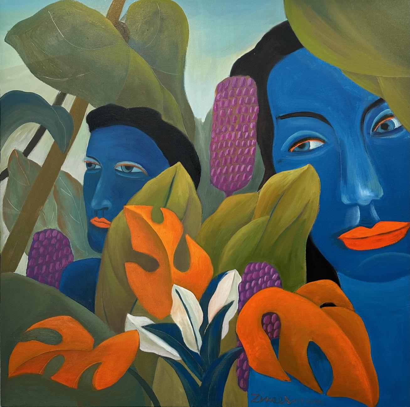 Blue figures at home and embedded in their native environment; the jungle

This masterpiece is exhibited in the Zimmerman Gallery, Carmel CA.

Marc Zimmerman creates playful paintings, whether deep mysterious jungle or delightfully whimsical