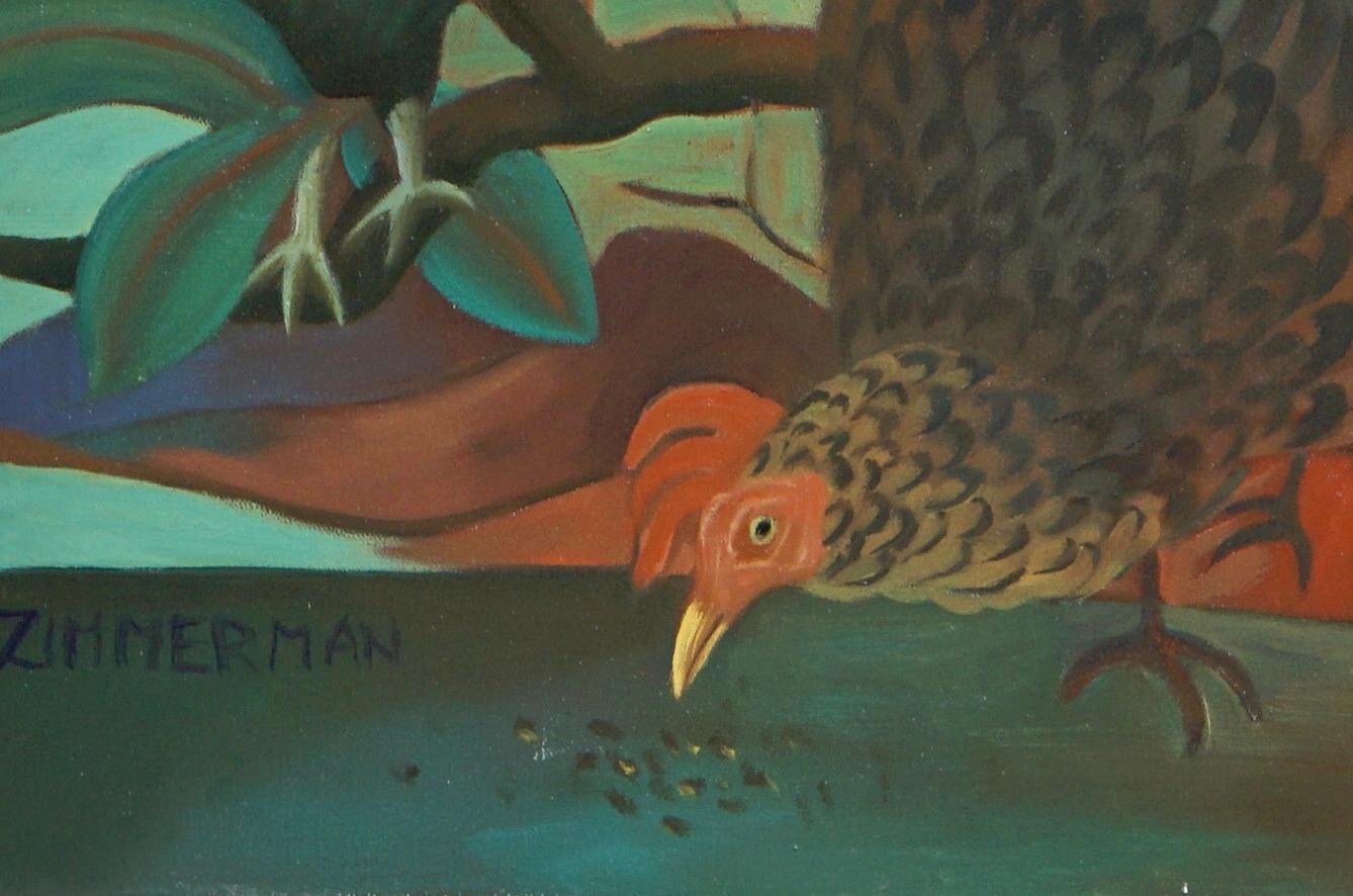 Three Roosters from the beautiful island of Kauai, being as goofy as the naturally can in this contemporary tropical jungle painting .

Chickens on the Loose - Animal paintings - American Modern by Marc Zimmerman

This masterpiece is exhibited in