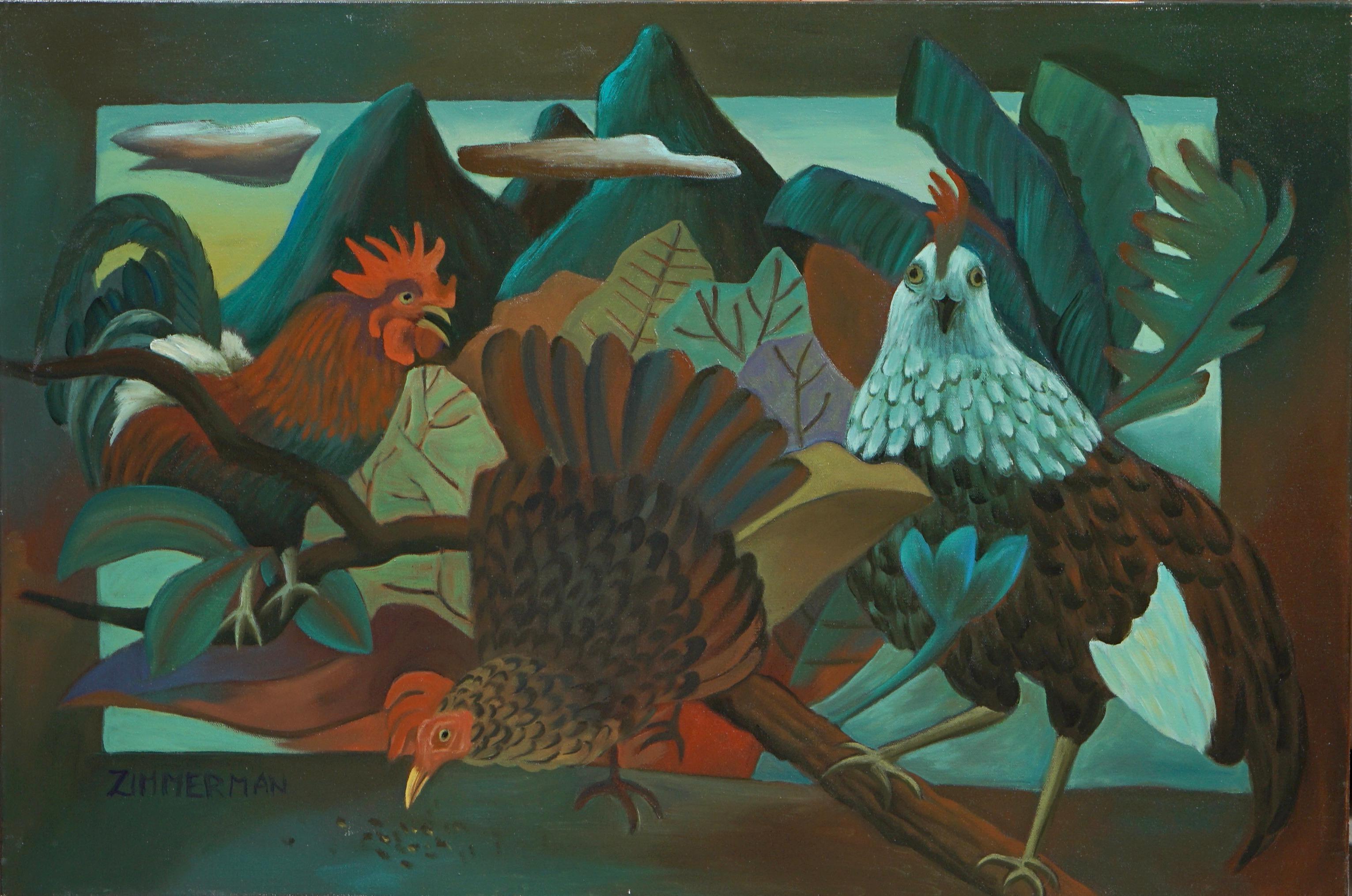 Three Roosters from the beautiful island of Kauai, being as goofy as the naturally can in this contemporary tropical jungle painting .

Chickens on the Loose - Animal paintings - American Modern by Marc Zimmerman

This masterpiece is exhibited in