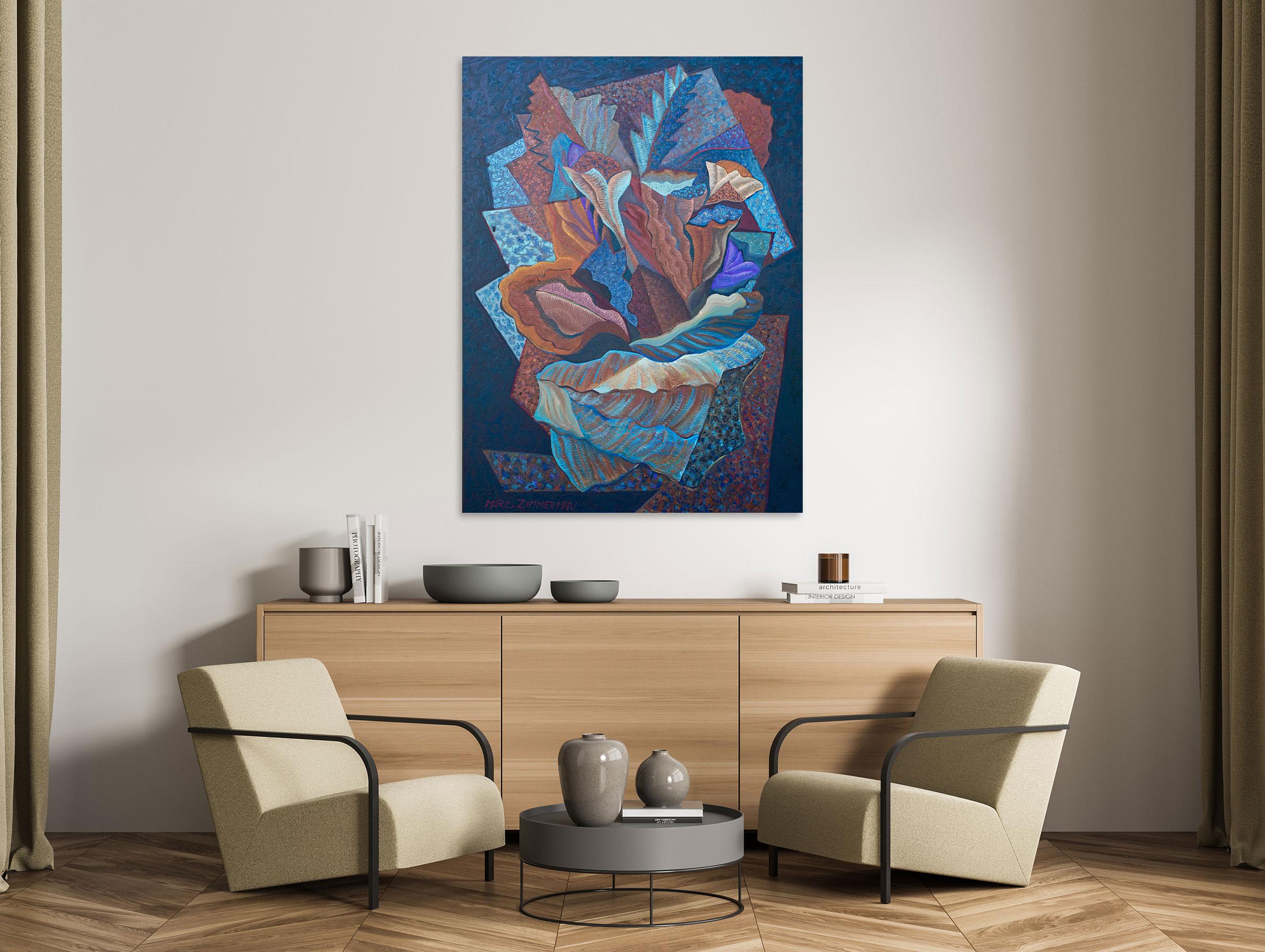 Cubistic Floral in a Sea Shell By Marc - Painting by Marc Zimmerman