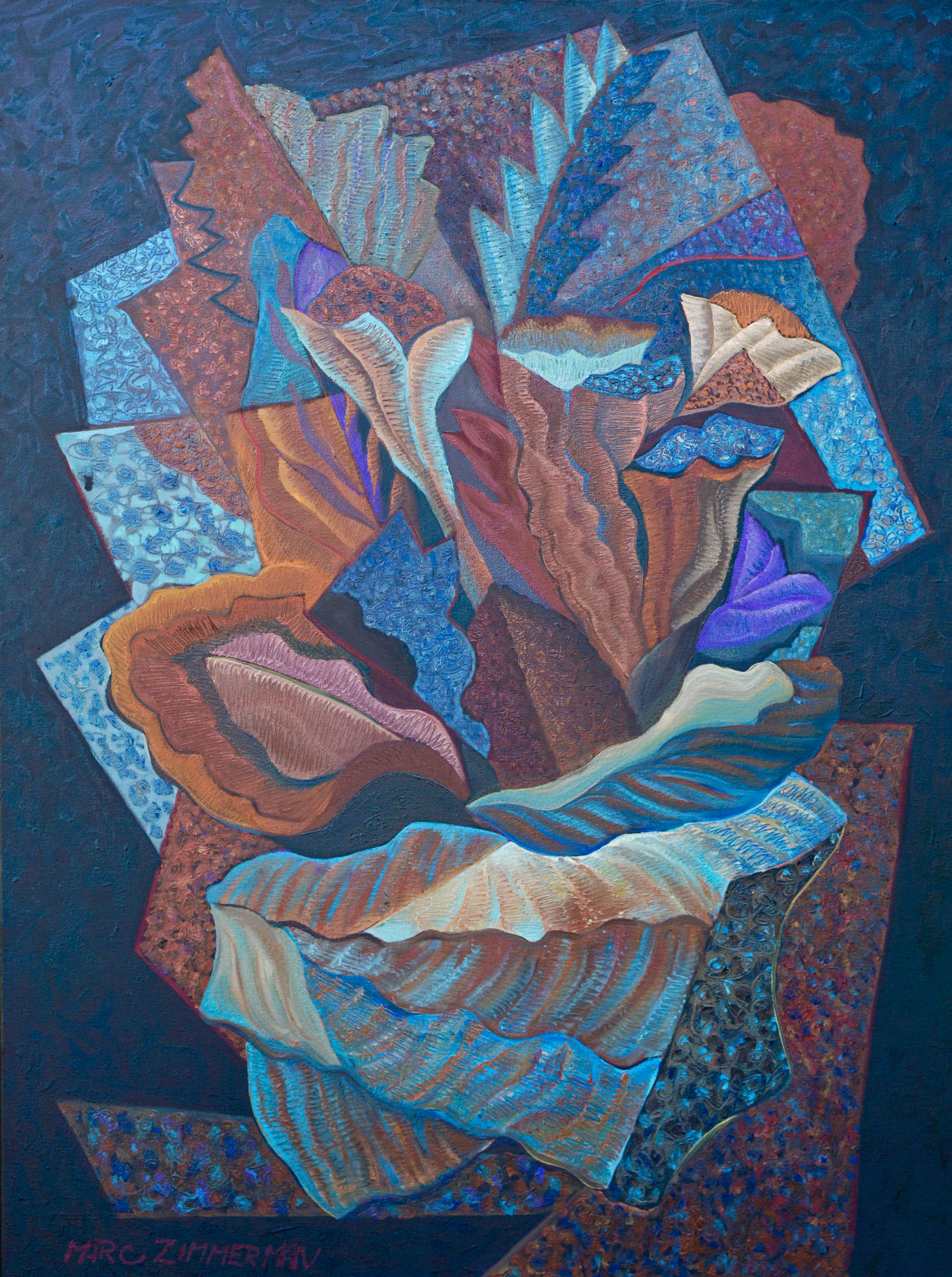 Marc Zimmerman Still-Life Painting - Cubistic Floral in a Sea Shell By Marc 