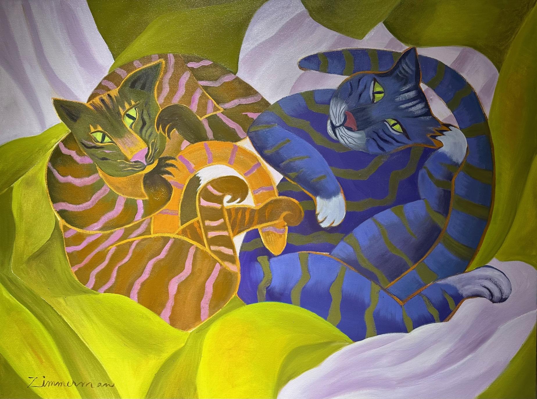 'Double Trouble' is a cheerful and lively painting that captures the playful and curious nature of cats in a beautiful setting.

'Double Trouble' adds a touch of whimsy and color to any room, while also creating a fun and inviting atmosphere that