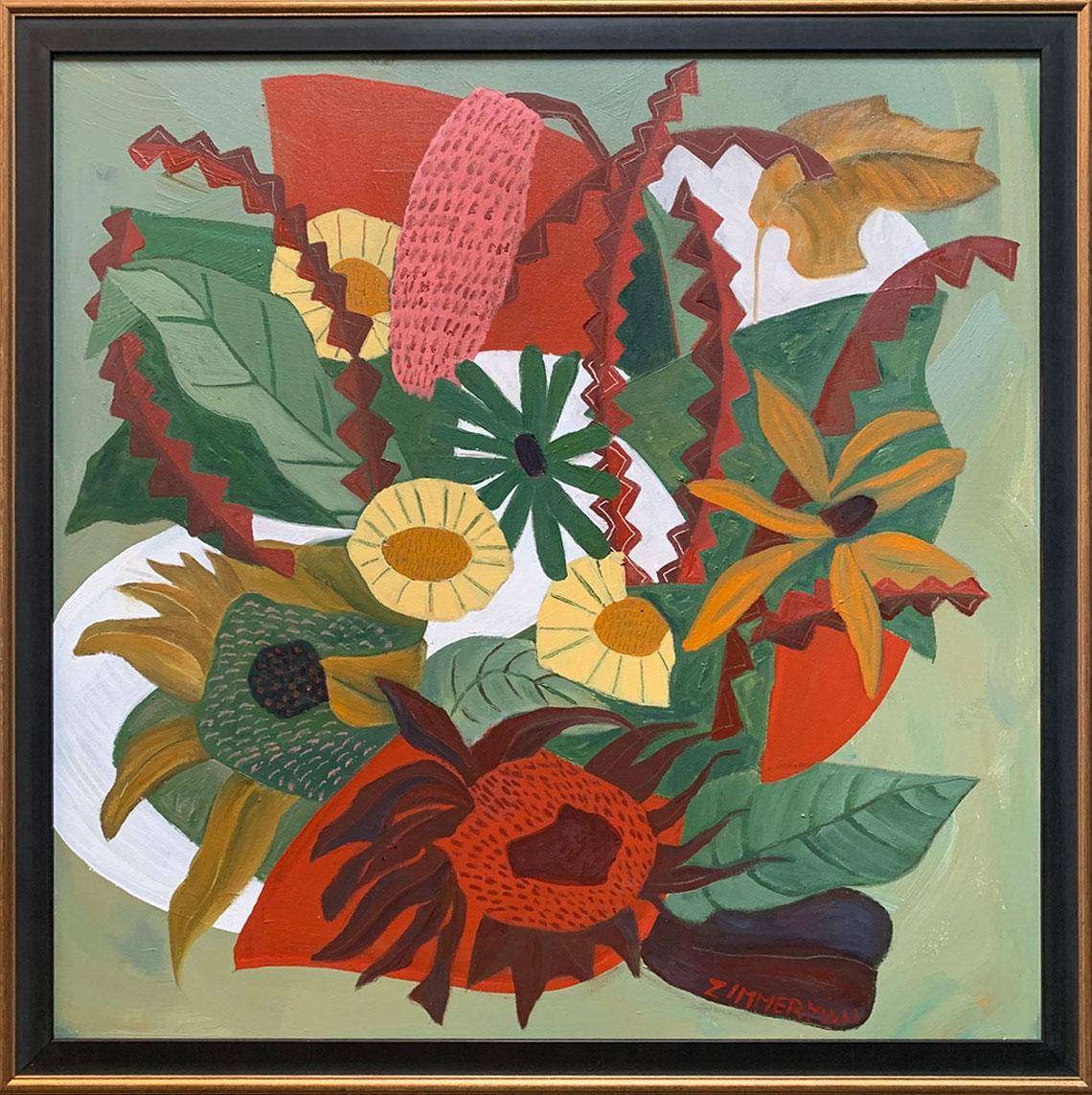 This masterwork is exhibited in the Zimmerman Gallery, Carmel CA.


Marc Zimmerman creates playful paintings, whether deep mysterious jungle or delightfully whimsical florals. His color palette explores various harmonies yet always surprises with