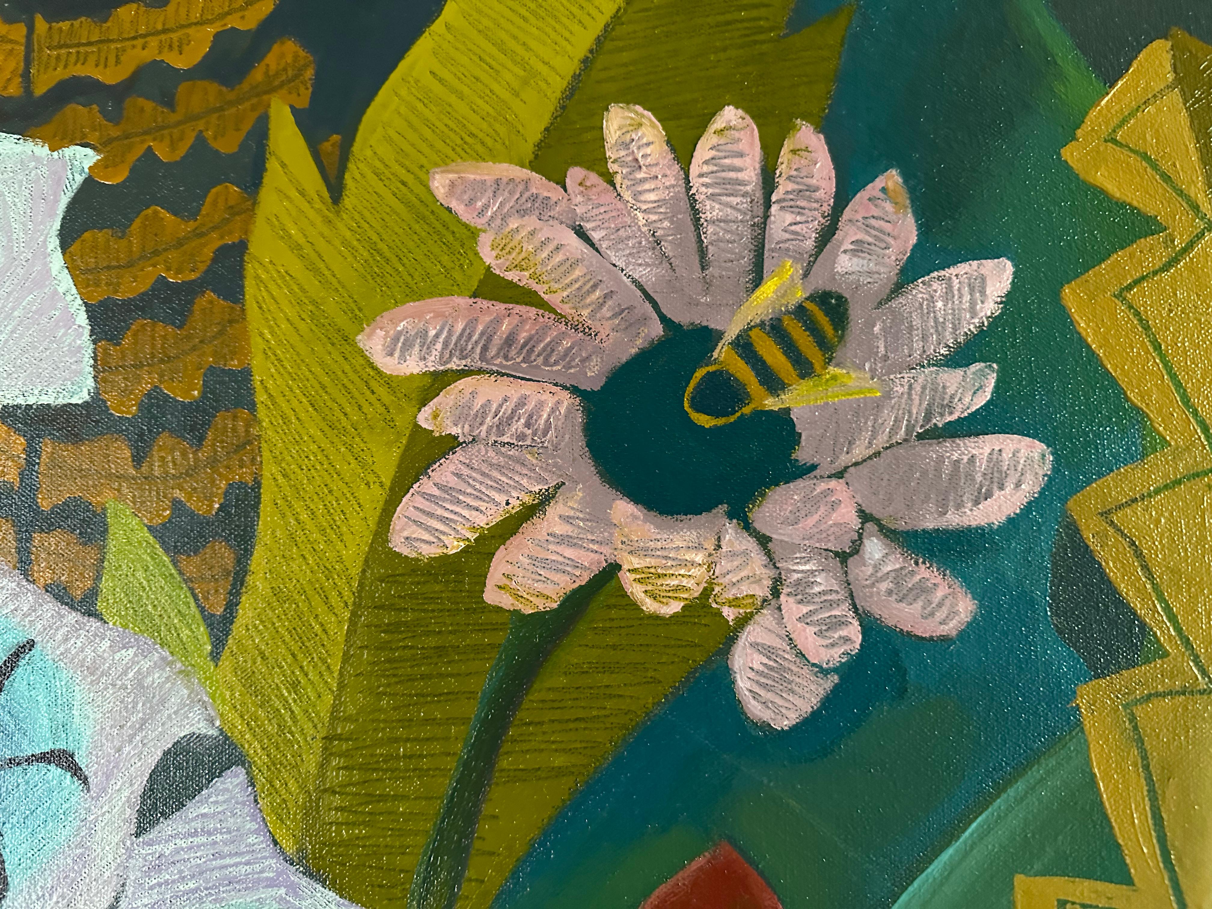 Fiori con ape - Natura morta di fiori dipinta da Marc Zimmerman in vendita 3